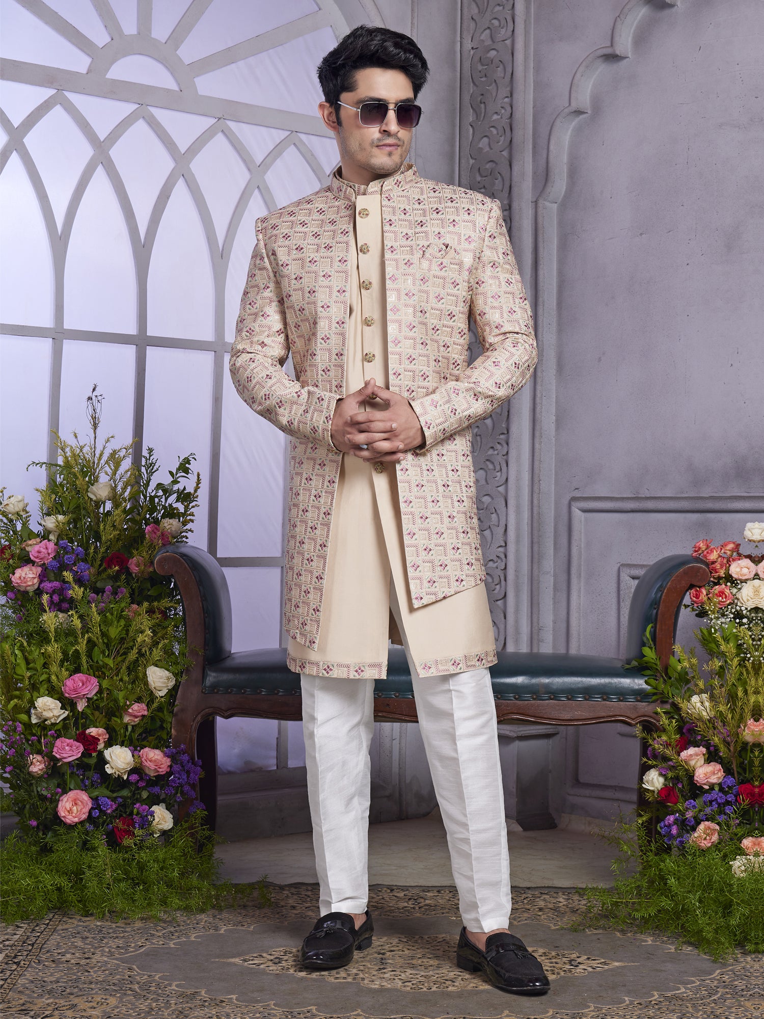 Beige Men's Indo Western With Floral Embroidered Jacket