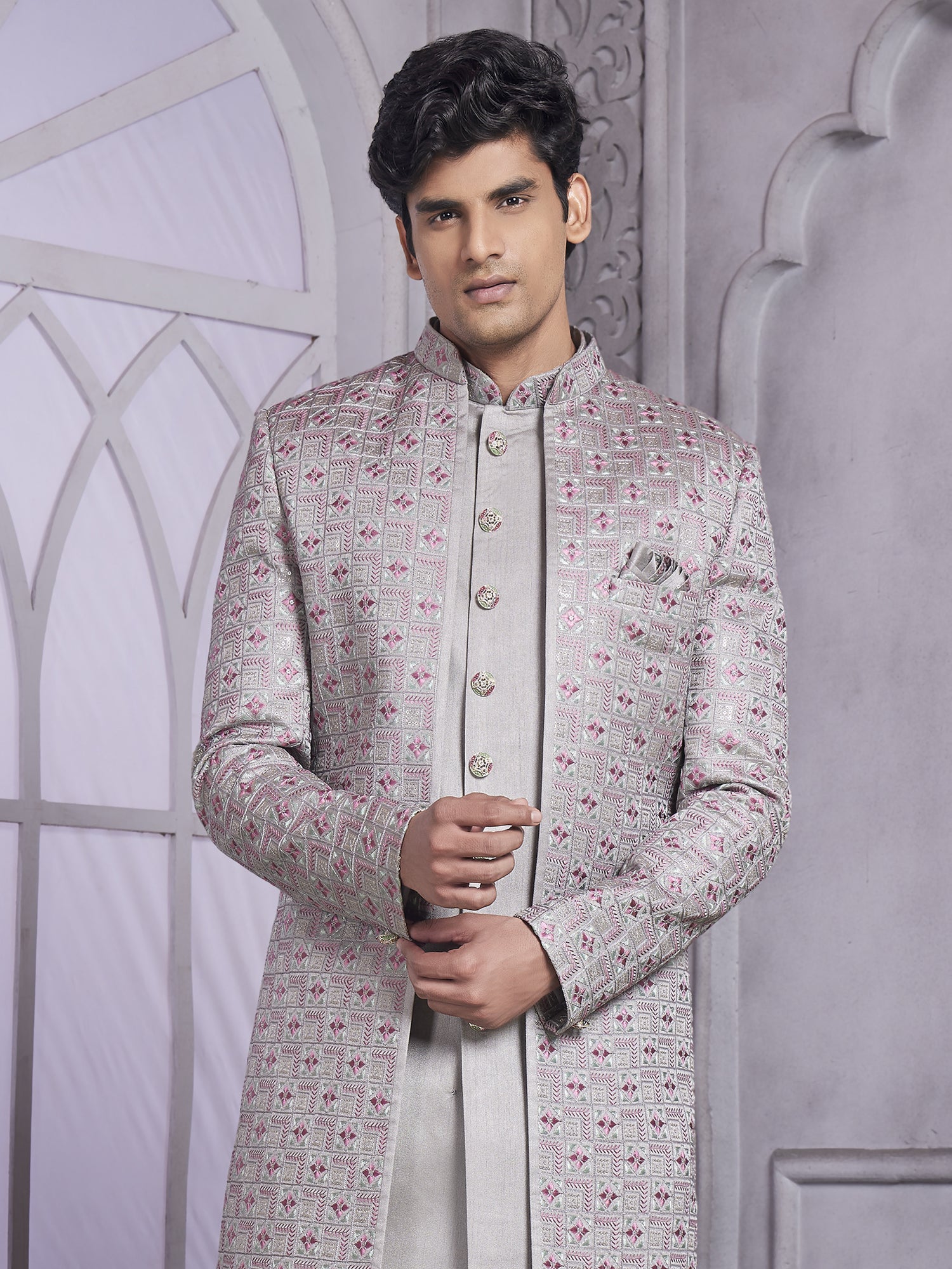 Grey Thread Work Wedding Indowestern In Art Silk