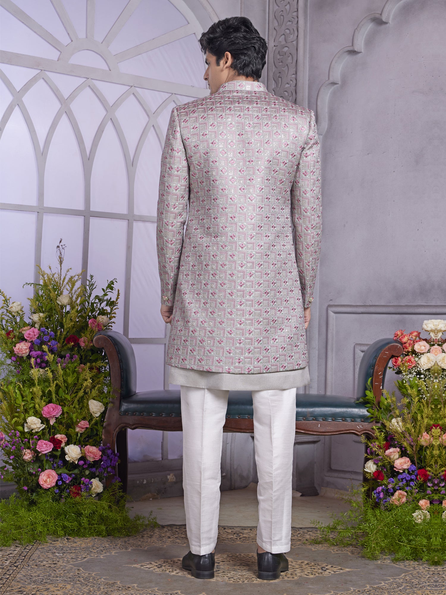 Grey Thread Work Wedding Indowestern In Art Silk