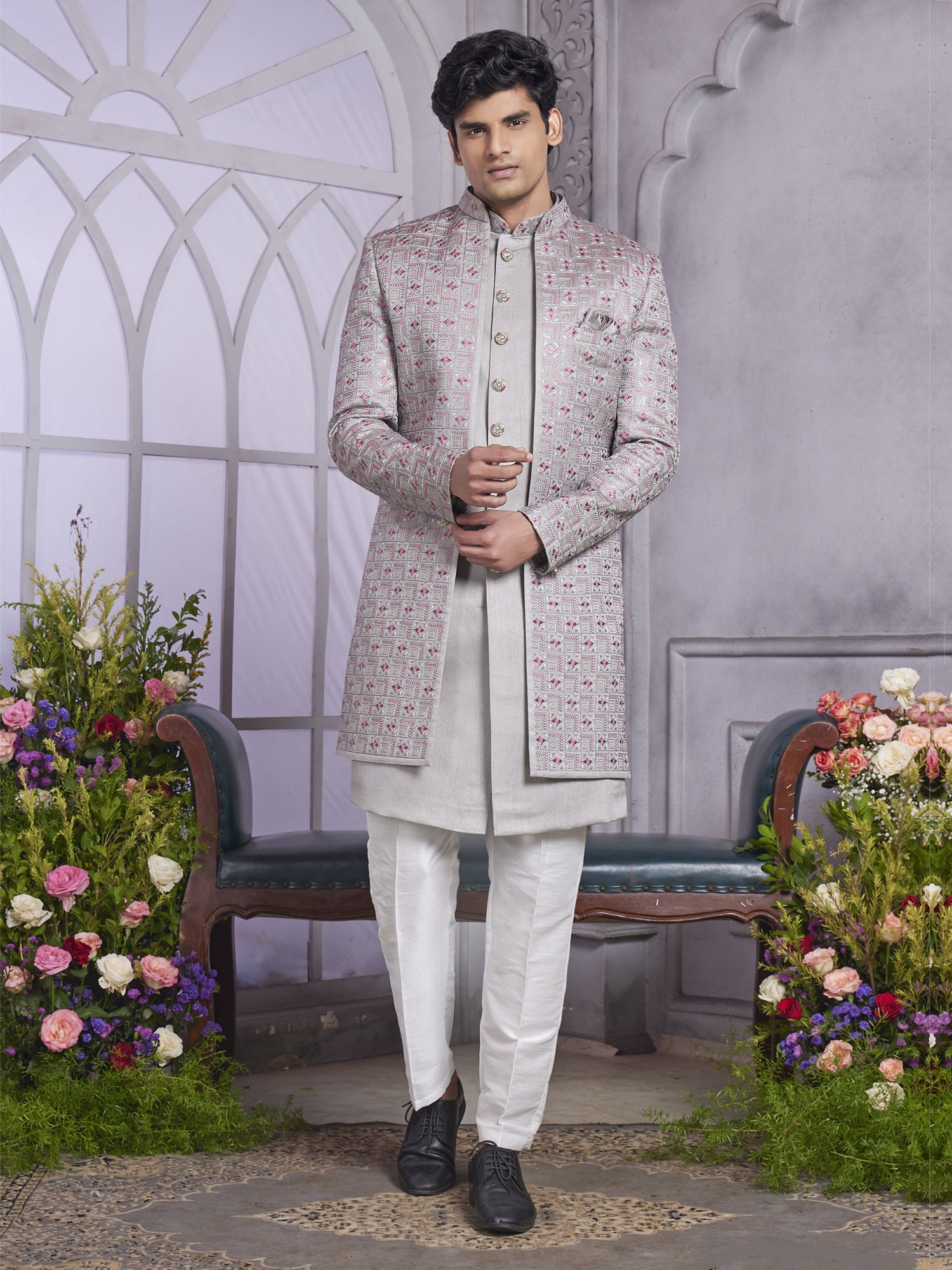 Grey Thread Work Wedding Indowestern In Art Silk