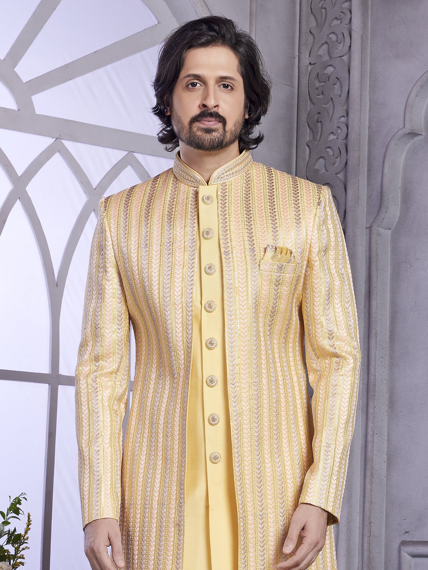 Yellow Sequins Embroidered Festive Indowestern Set