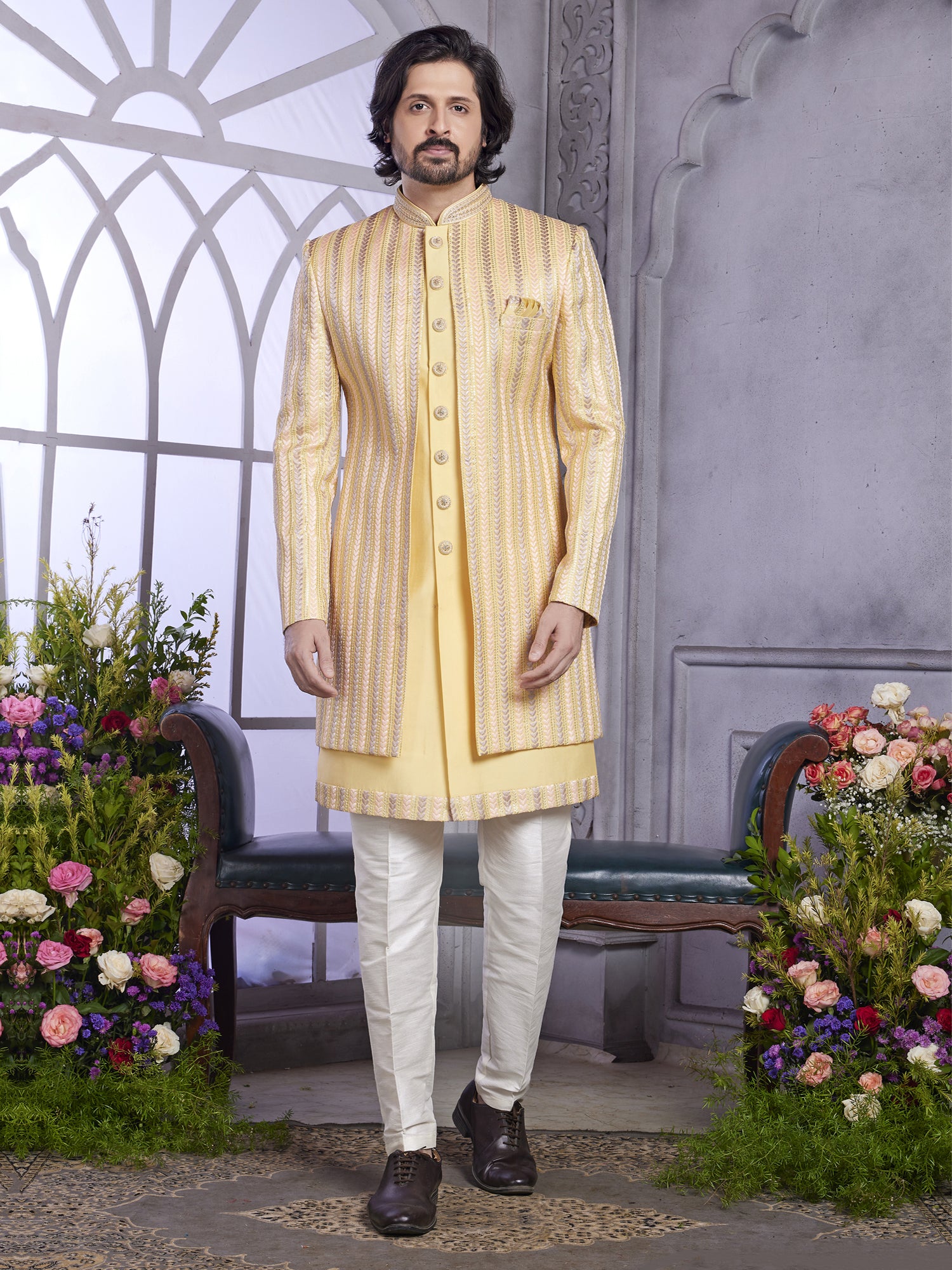 Yellow Sequins Embroidered Festive Indowestern Set