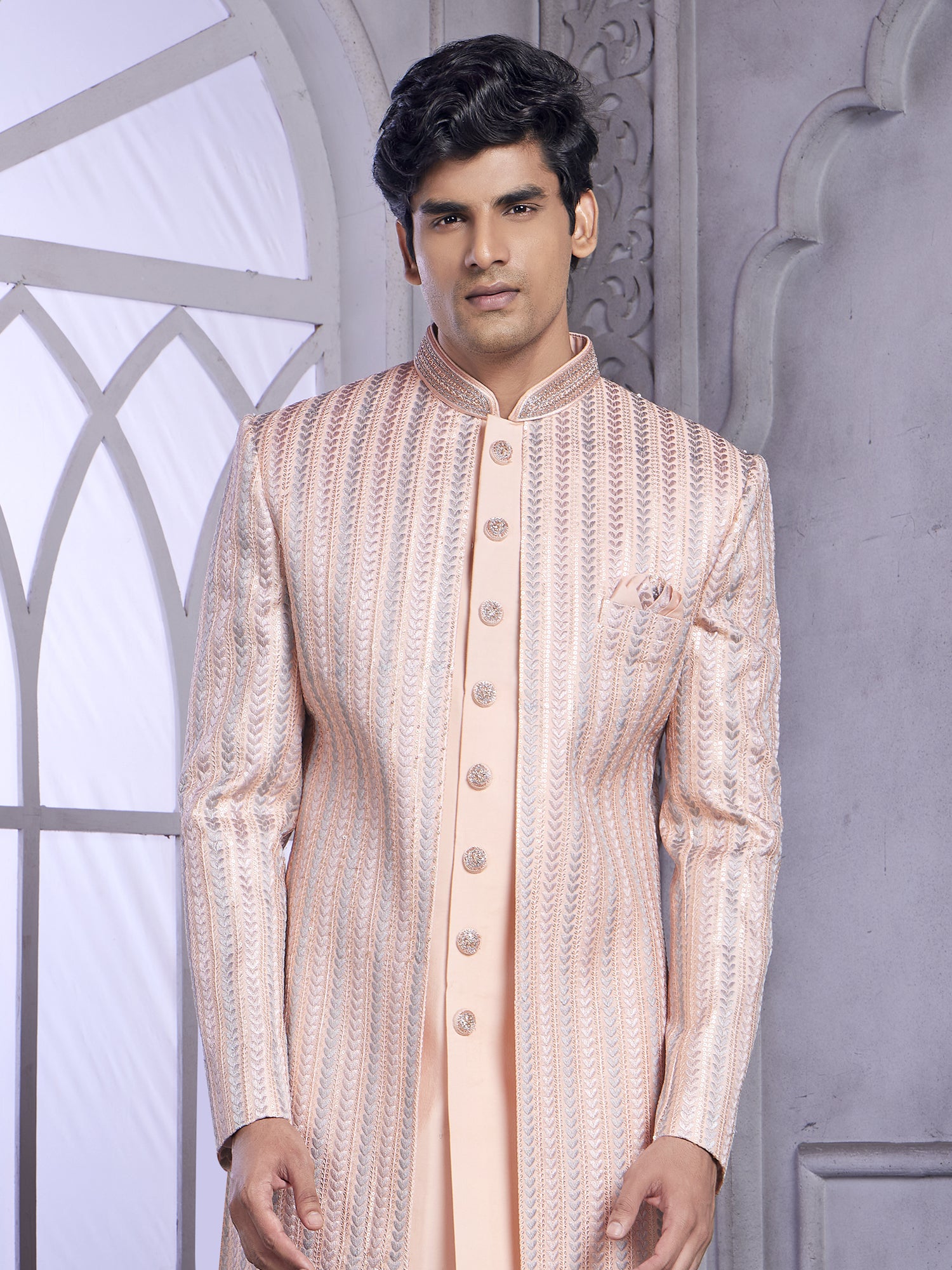 Peach Wedding Wear Men's Indo Western Set