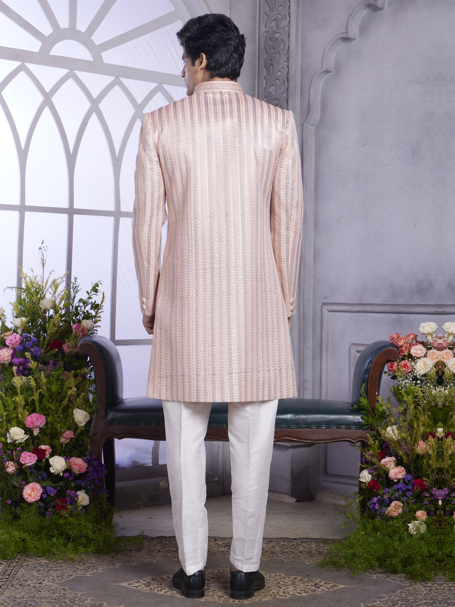 Peach Wedding Wear Men's Indo Western Set