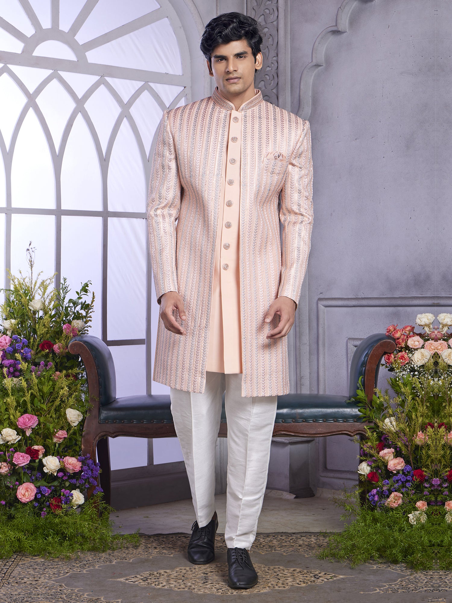 Peach Wedding Wear Men's Indo Western Set