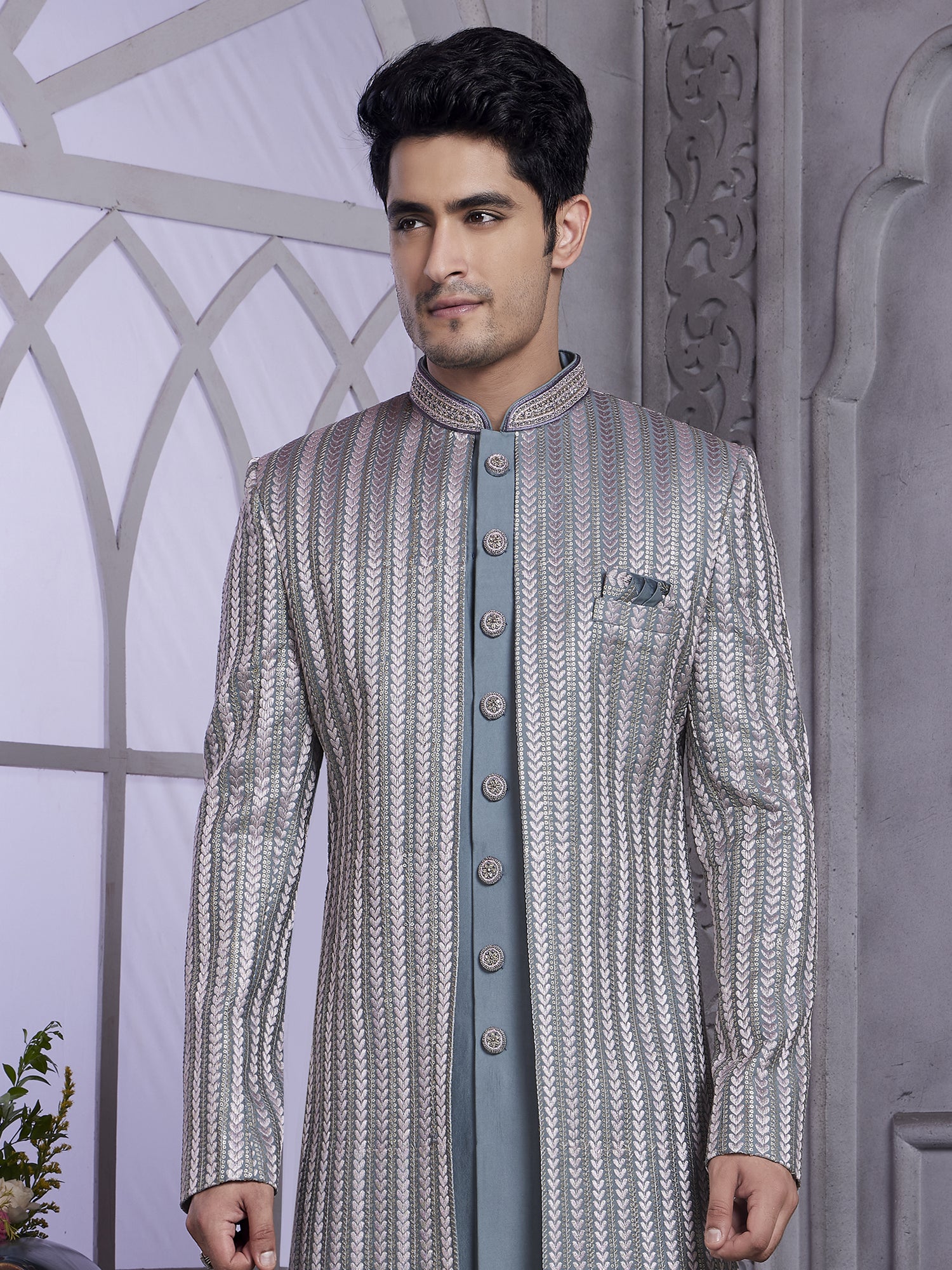 Grey Silk Indowestern With Attached Jacket For Men
