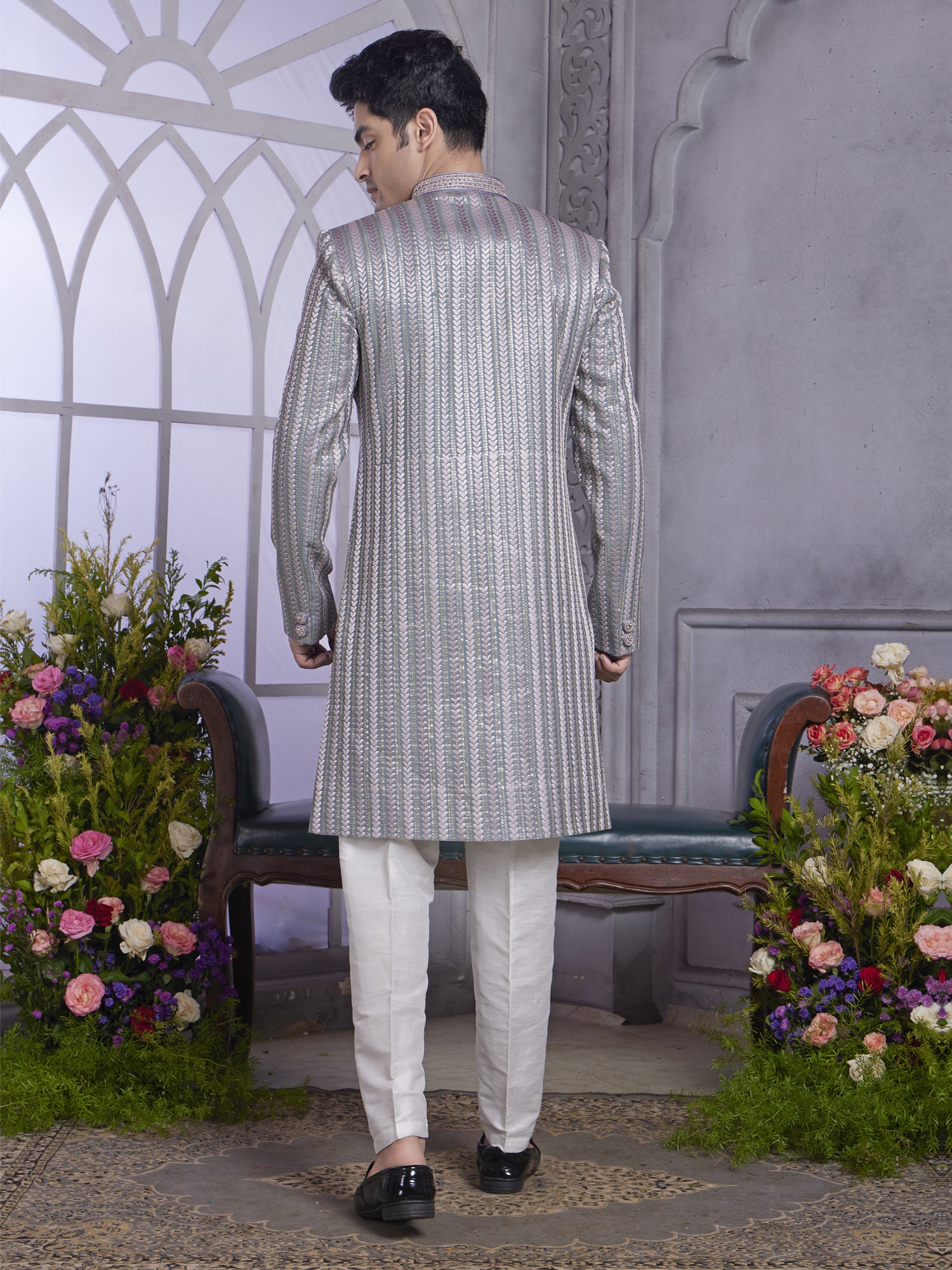 Grey Silk Indowestern With Attached Jacket For Men