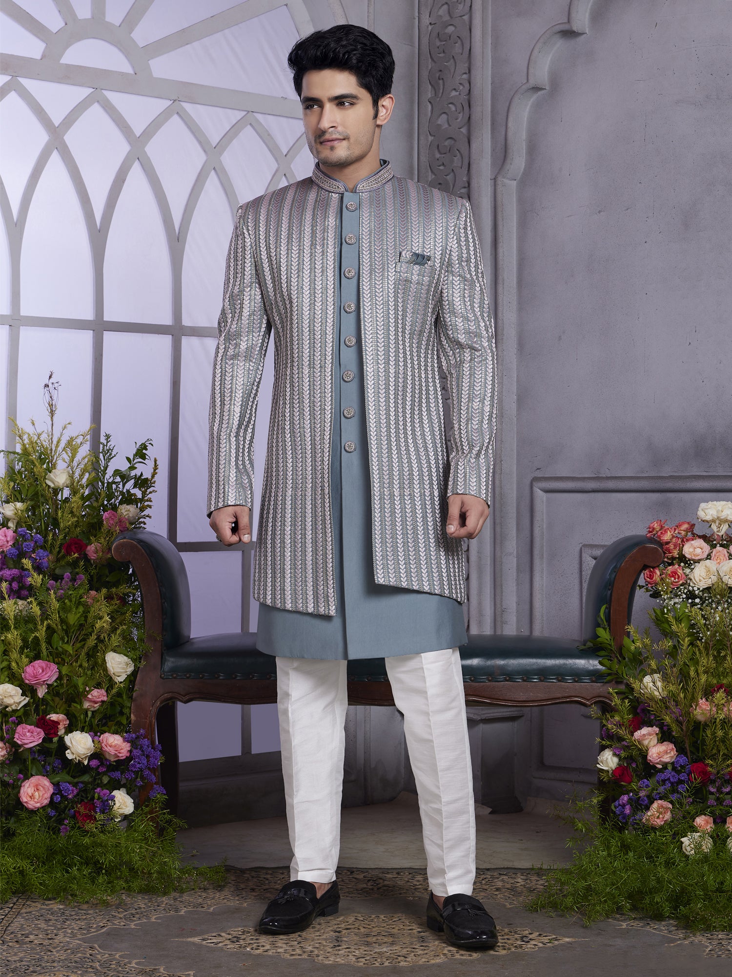 Grey Silk Indowestern With Attached Jacket For Men