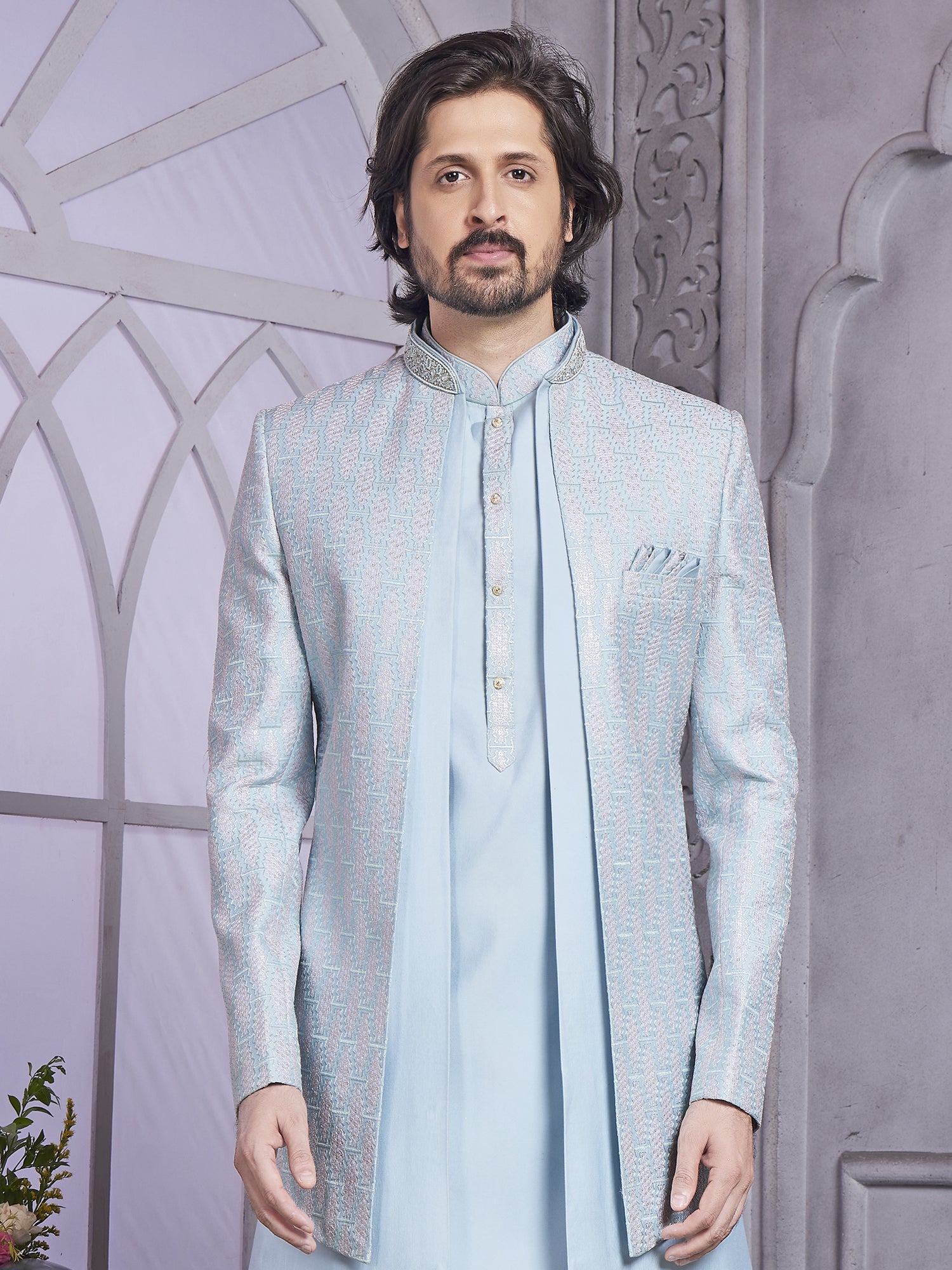 Light Blue Layered Style Indo Western Set In Silk