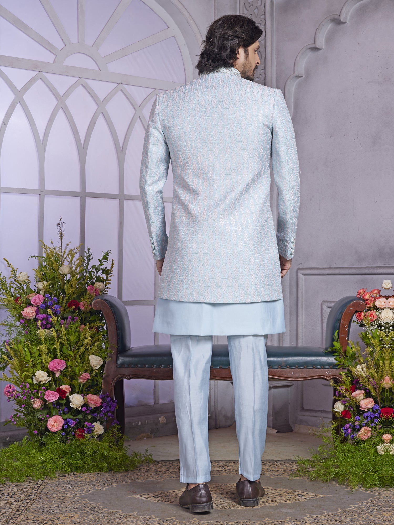 Light Blue Layered Style Indo Western Set In Silk