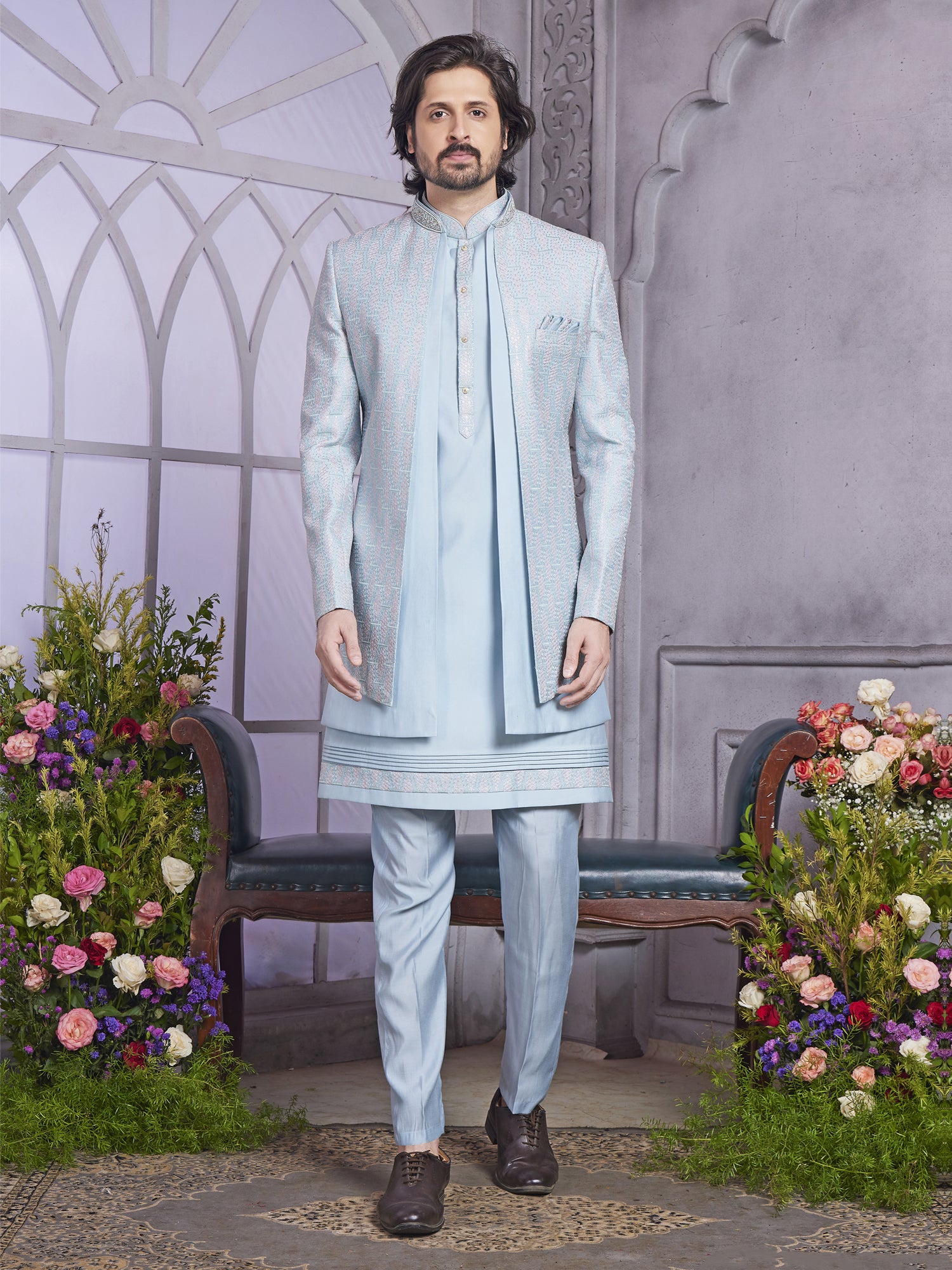 Light Blue Layered Style Indo Western Set In Silk