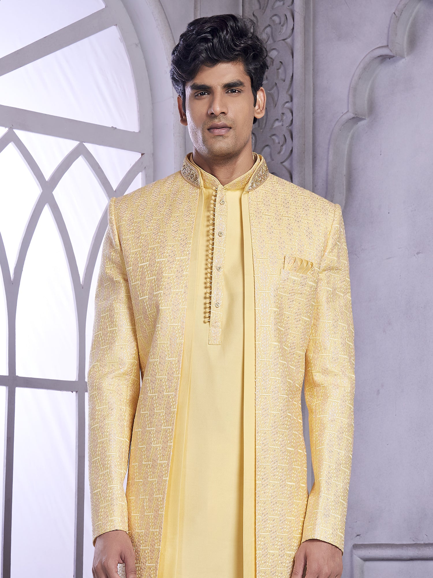 Yellow Wedding Wear Indowestern With Layered Jacket