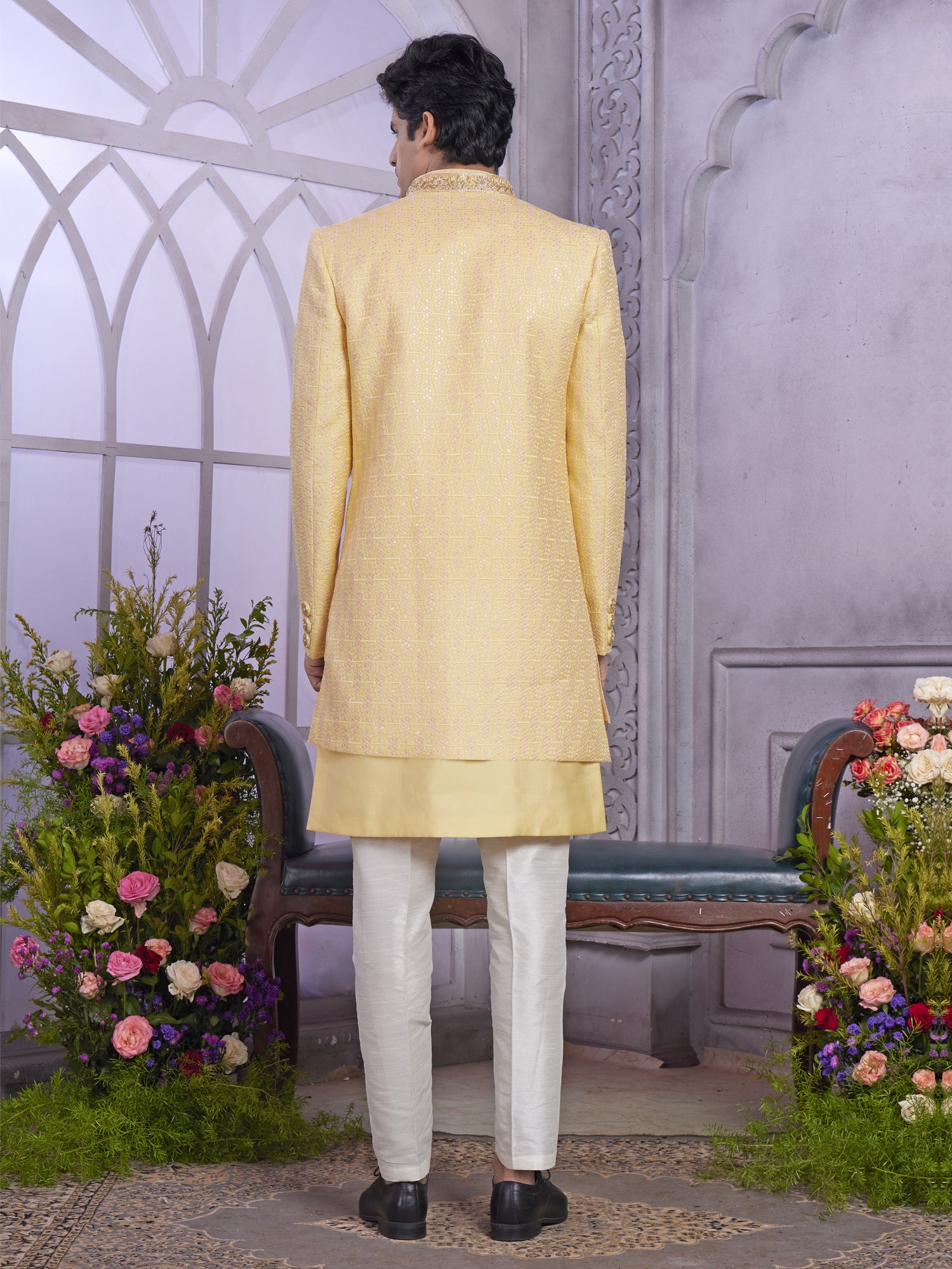 Yellow Wedding Wear Indowestern With Layered Jacket