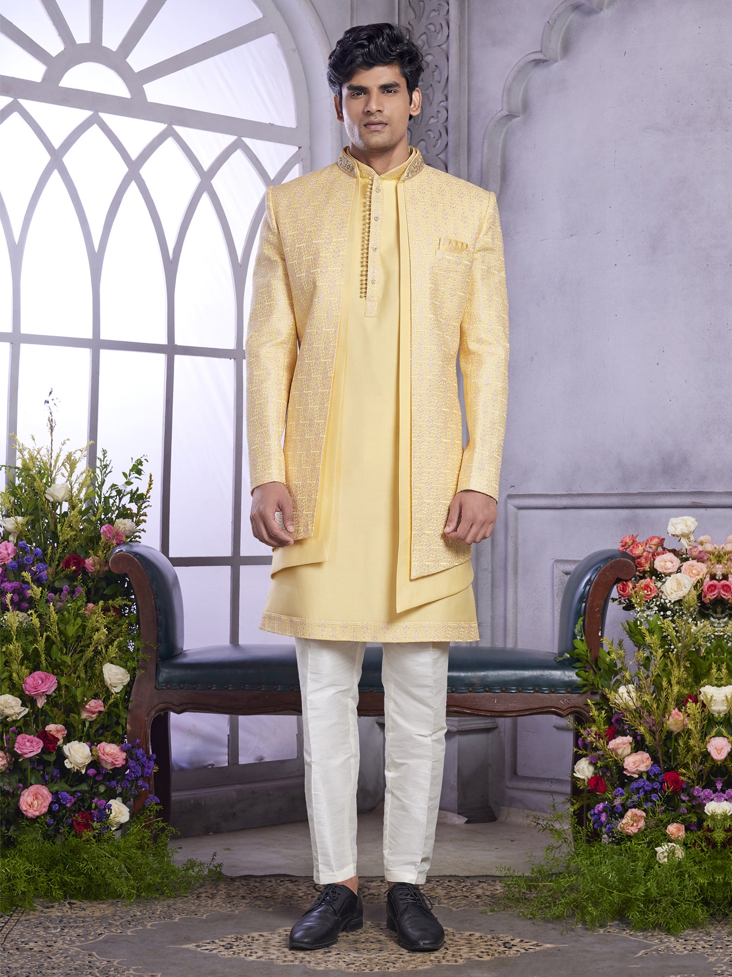 Yellow Wedding Wear Indowestern With Layered Jacket
