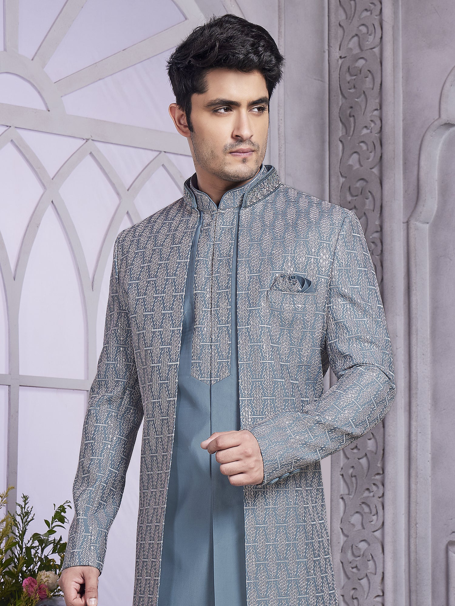 Blue Embroidered Jacketed Style Indo Western Set