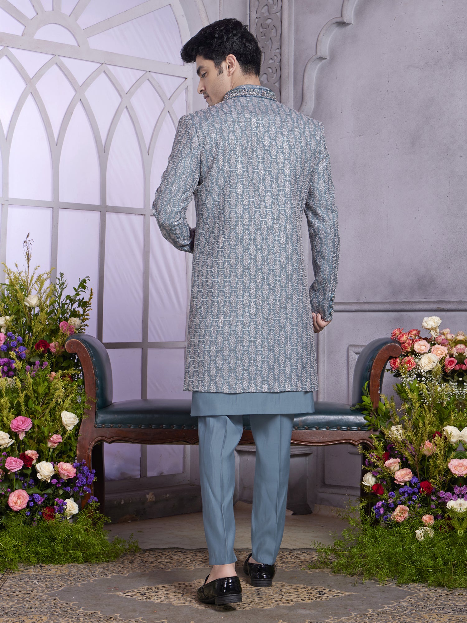 Blue Embroidered Jacketed Style Indo Western Set