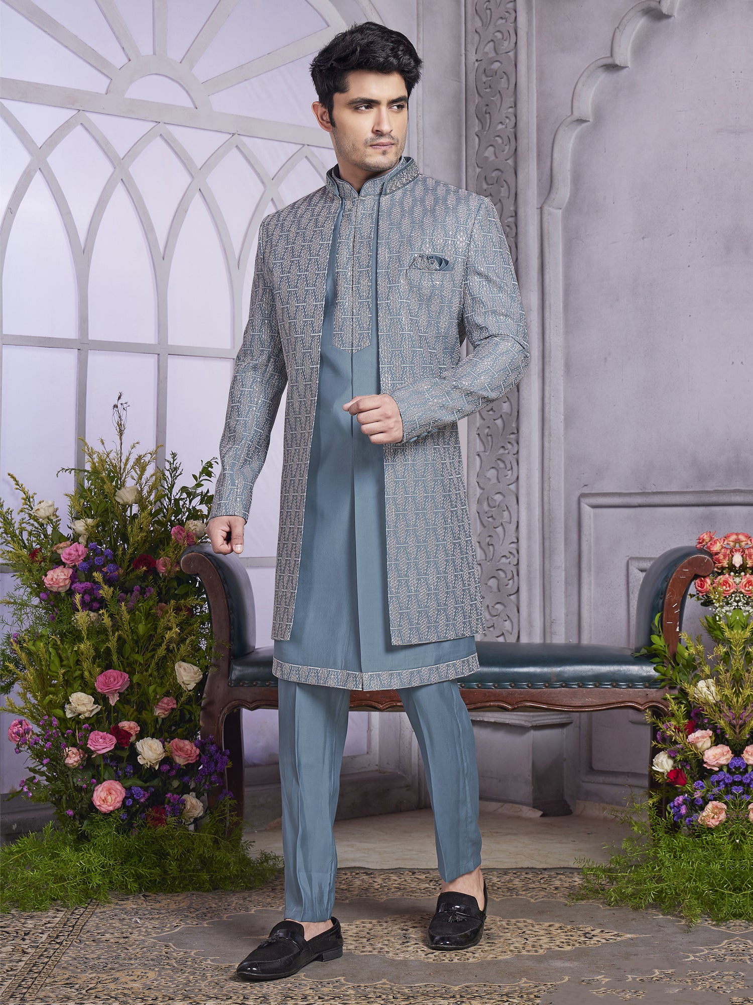 Blue Embroidered Jacketed Style Indo Western Set