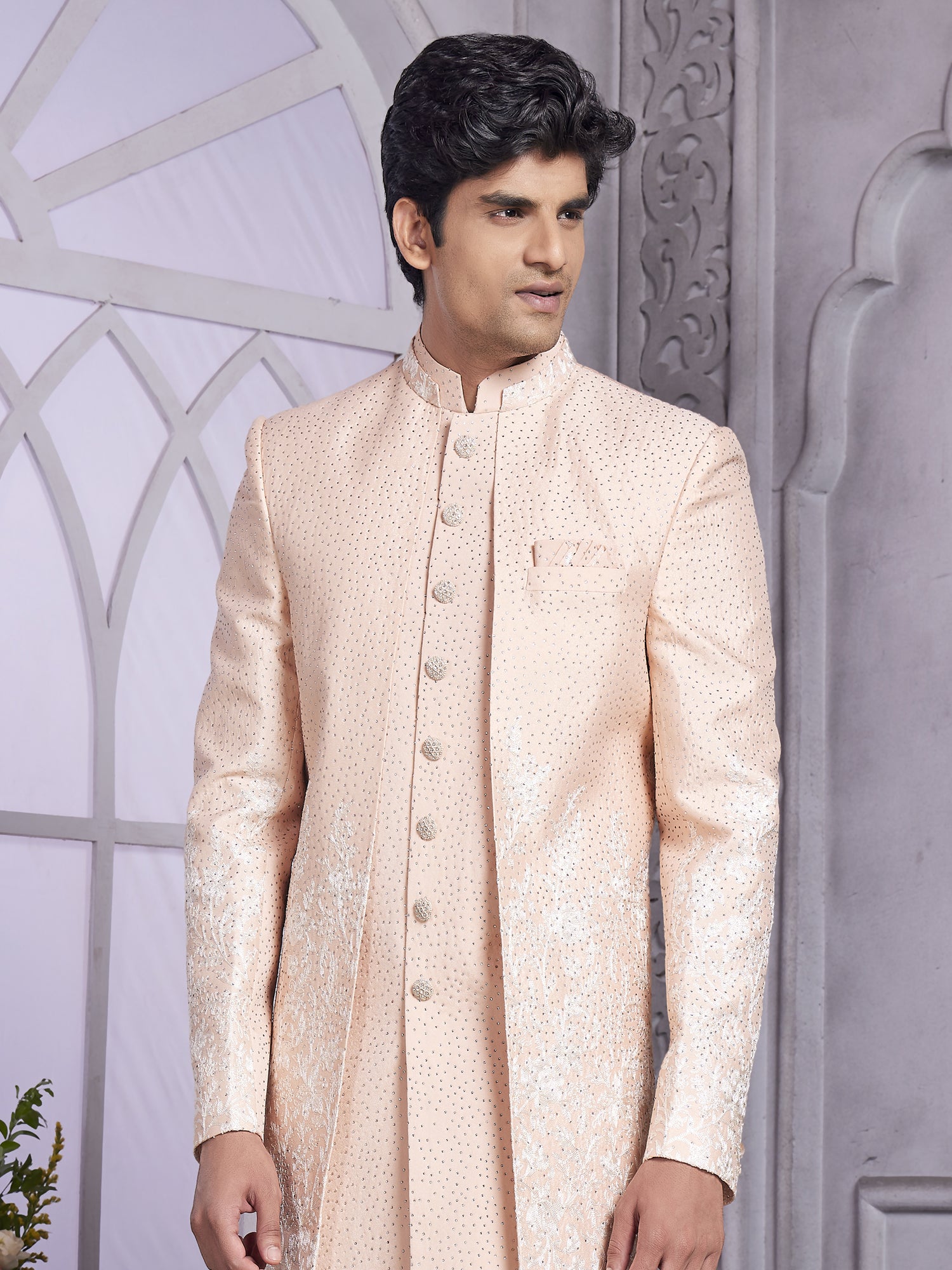 Peach Heavy Floral Embellished Indowestern For Mens