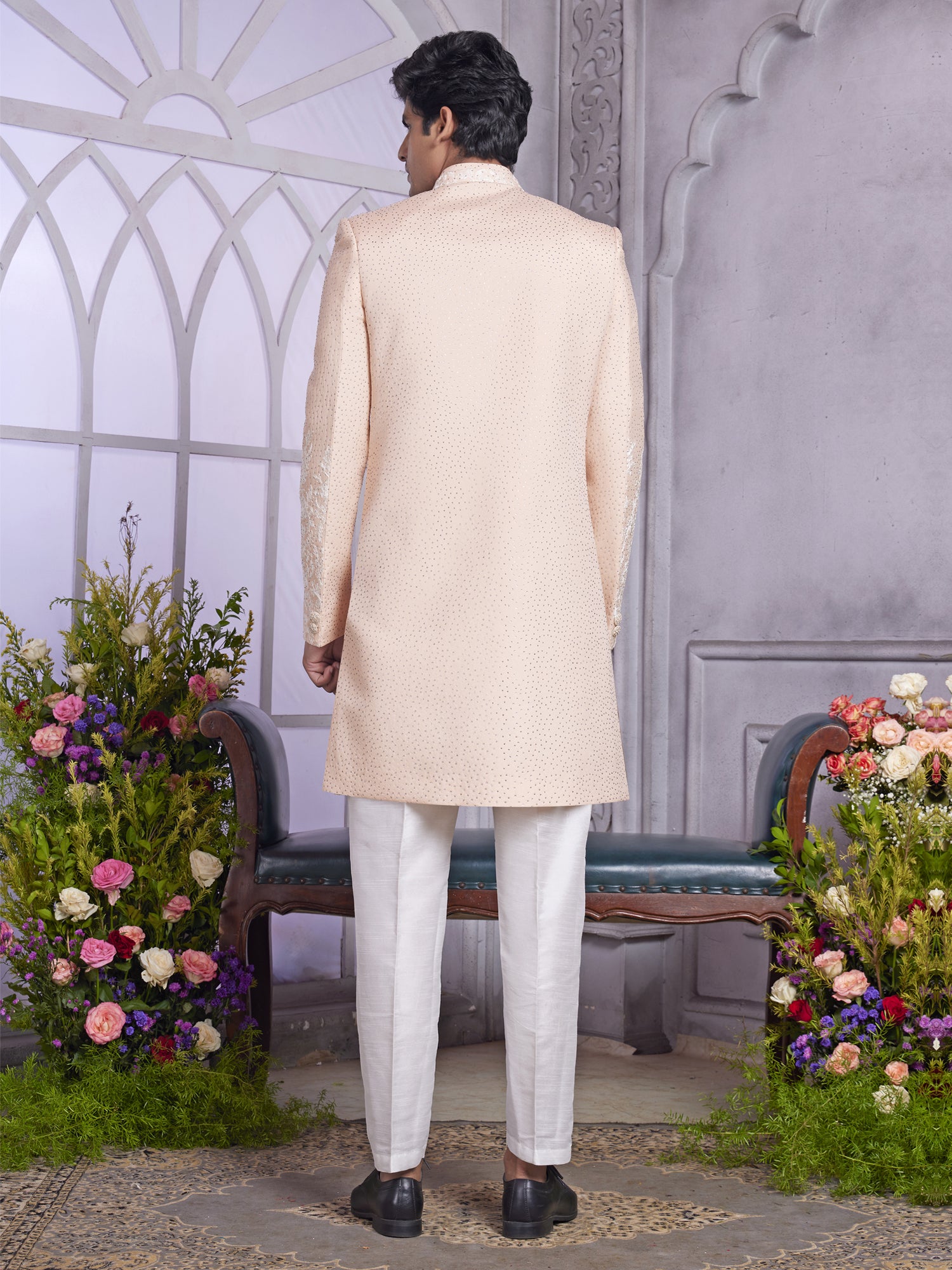 Peach Heavy Floral Embellished Indowestern For Mens