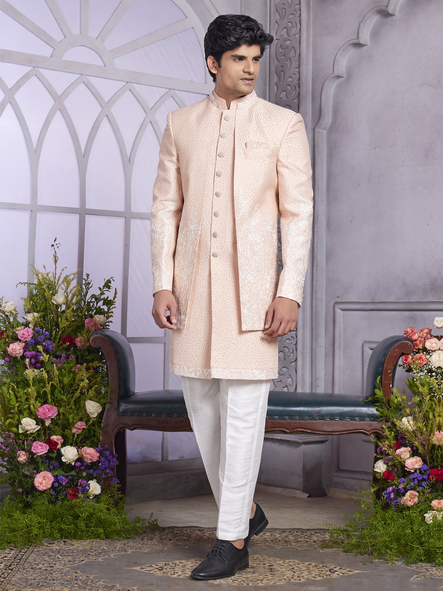 Peach Heavy Floral Embellished Indowestern For Mens