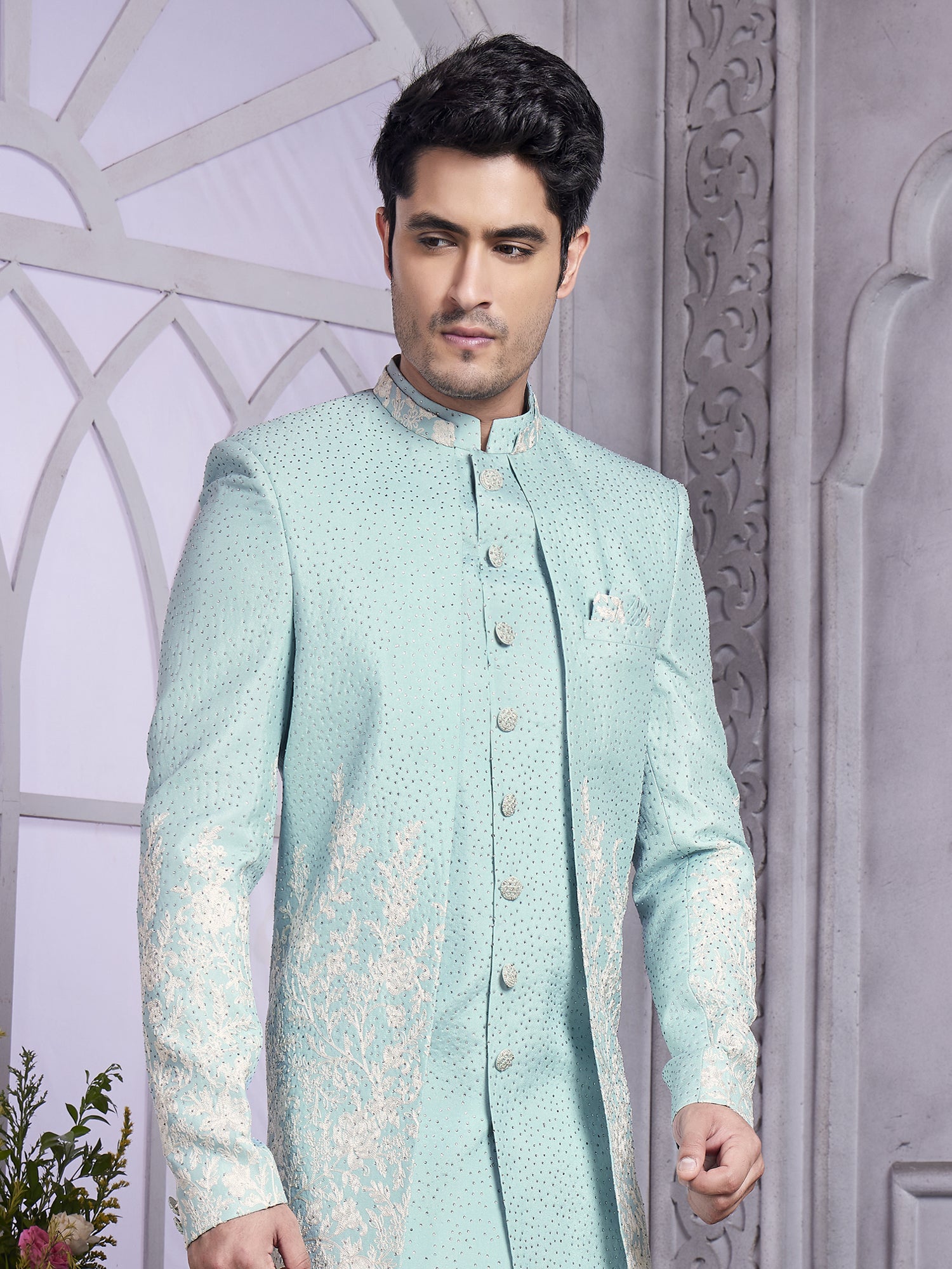 Sky Blue Men's Indowestern With Jacket In Silk
