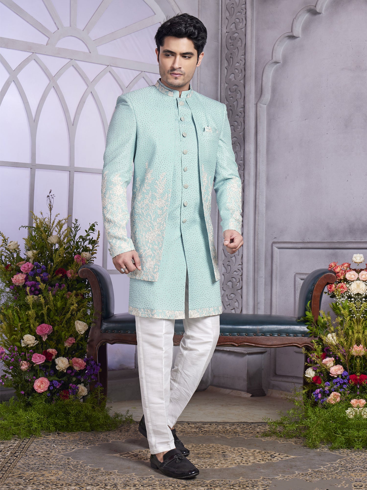 Sky Blue Men's Indowestern With Jacket In Silk
