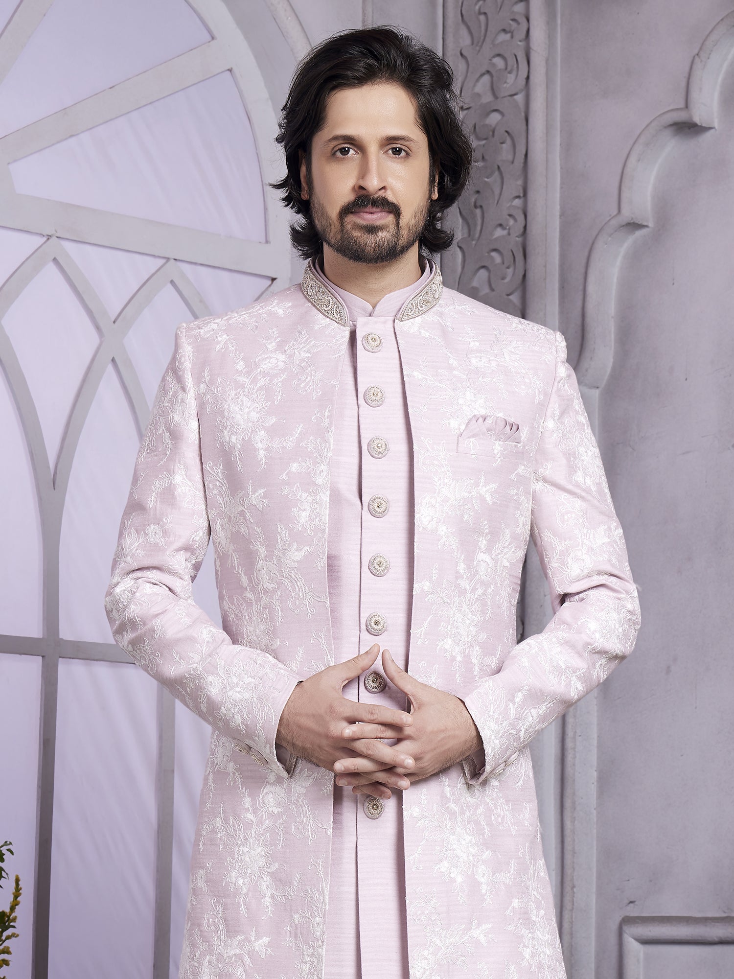 Purple Thread Work Indowestern In Jacket Style
