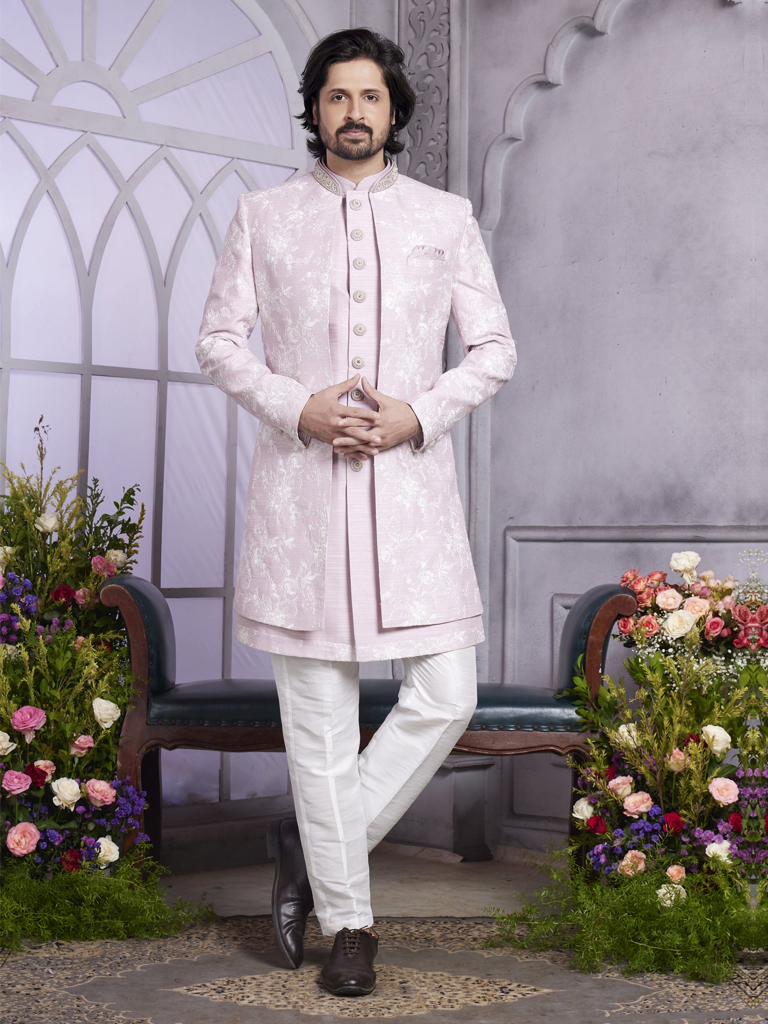 Purple Thread Work Indowestern In Jacket Style