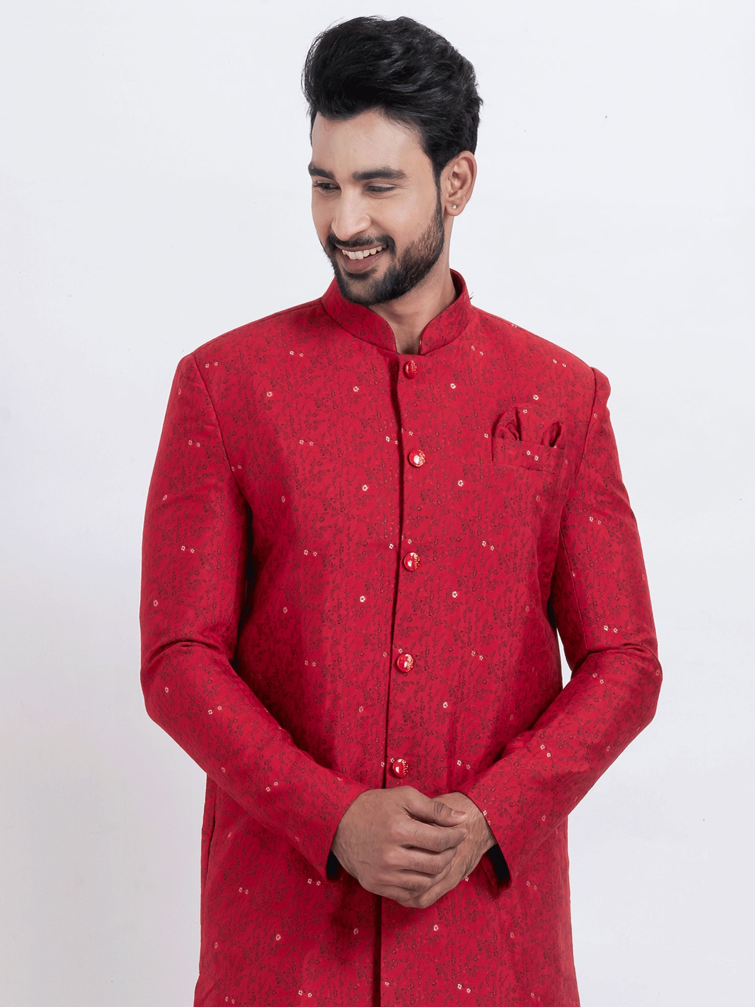 Cardinal Red Floral Printed Festive Indowestern Set