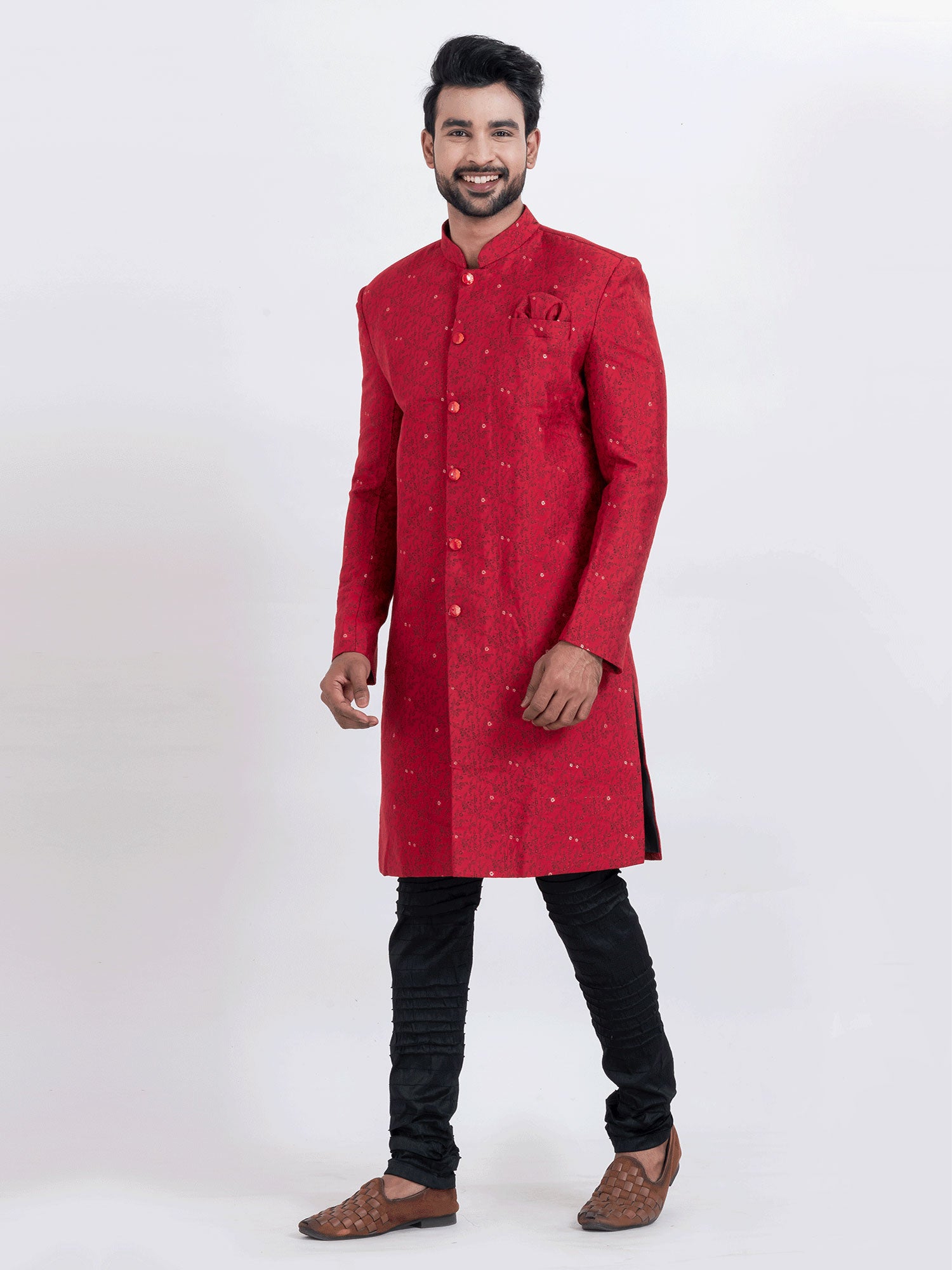 Cardinal Red Floral Printed Festive Indowestern Set