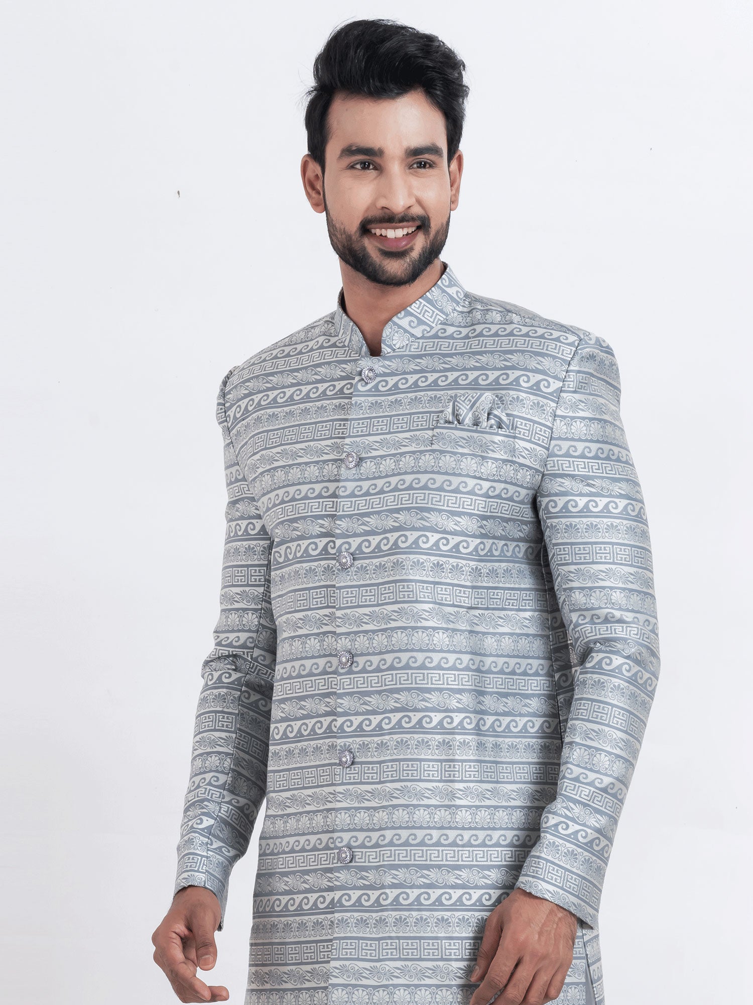 Grey Men's Wear Indowestern In Jacquard Silk