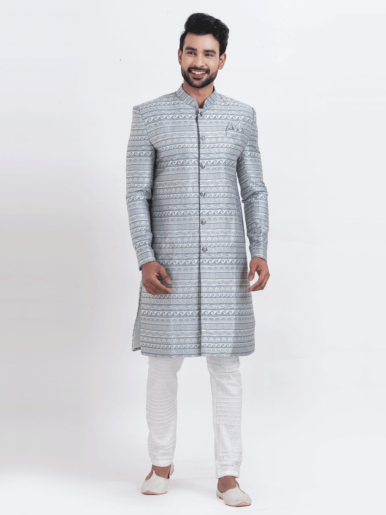 Grey Men's Wear Indowestern In Jacquard Silk