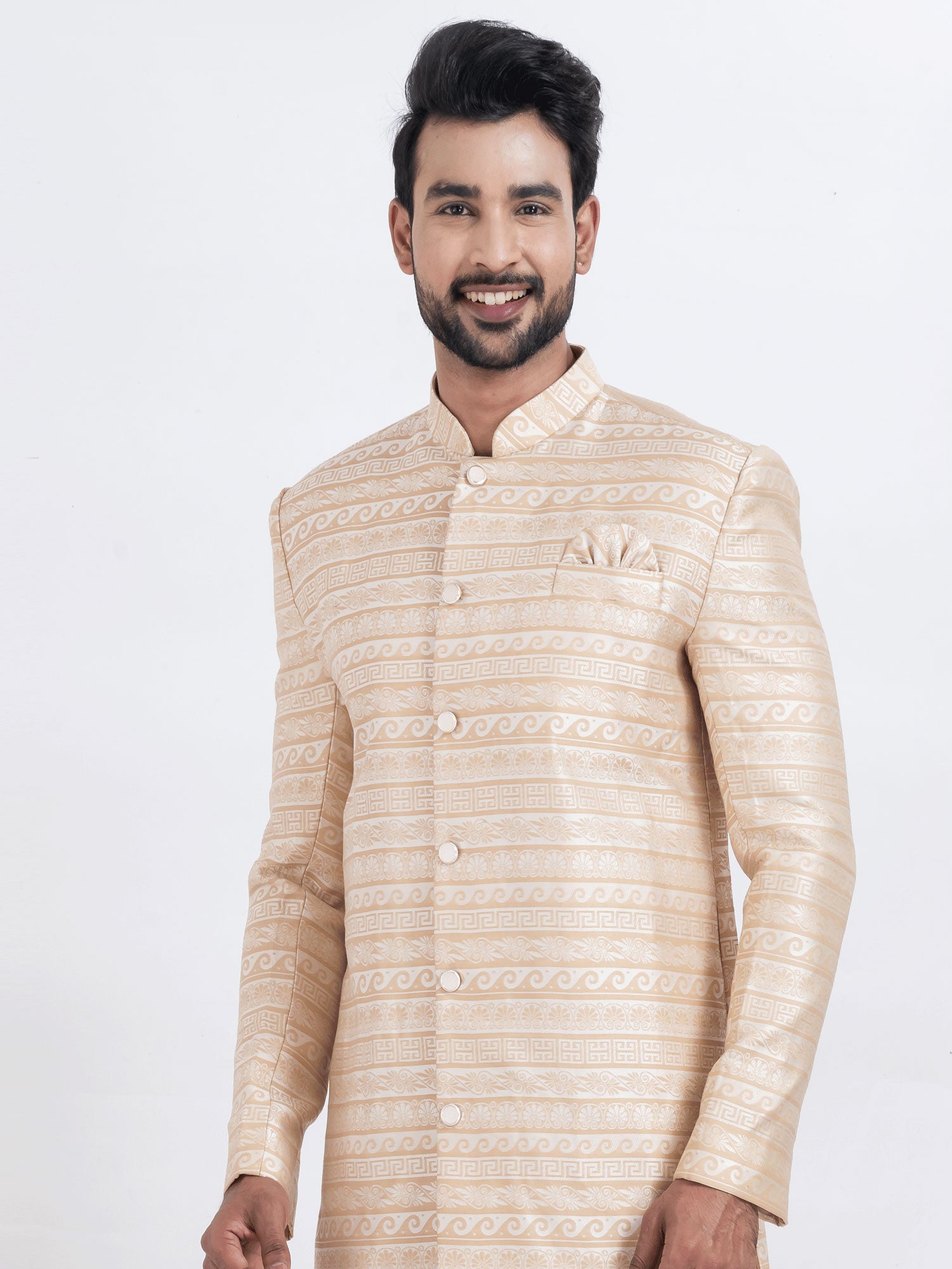 Cream Silk Indo Western Set In Print For Mens