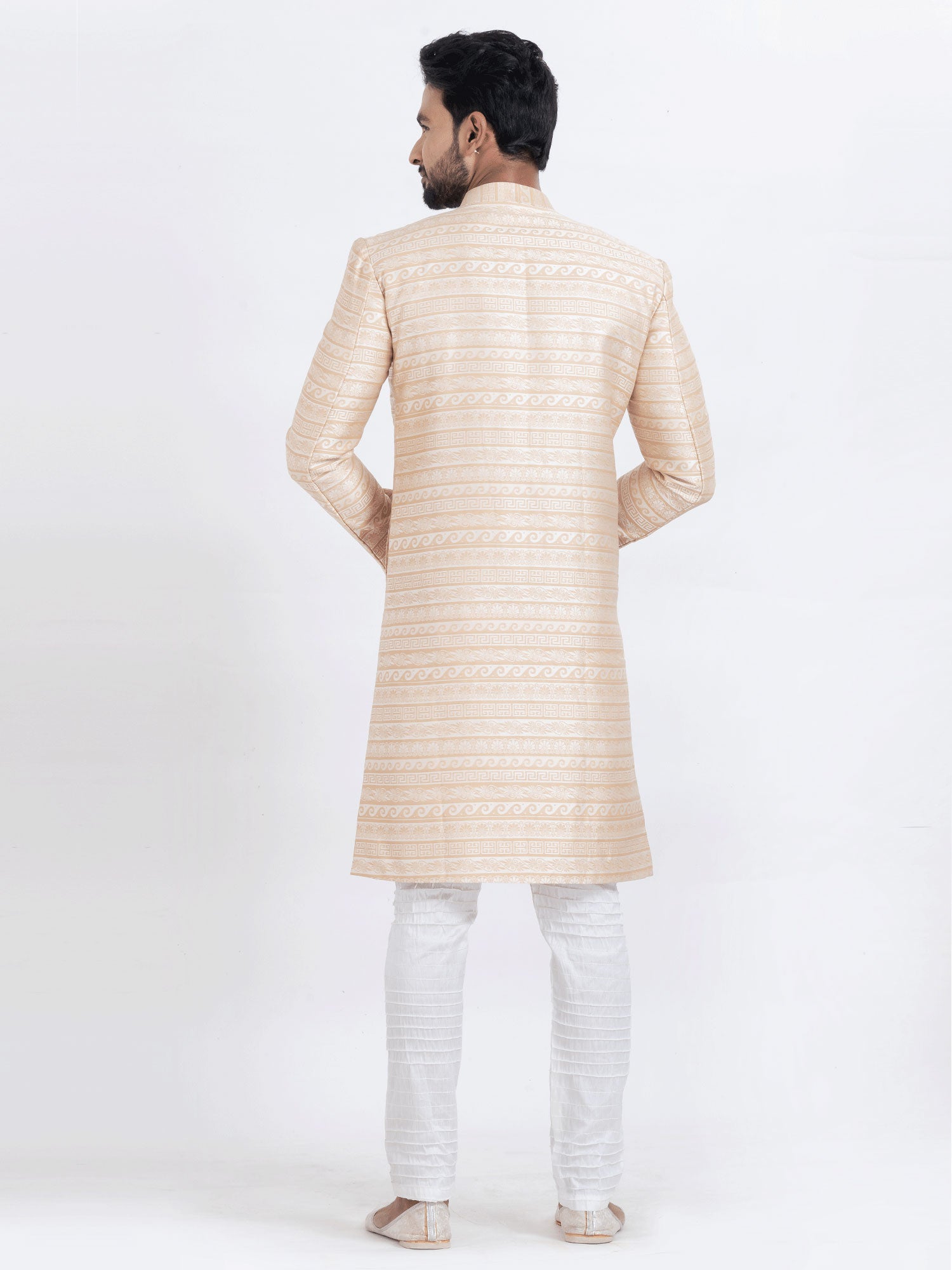 Cream Silk Indo Western Set In Print For Mens