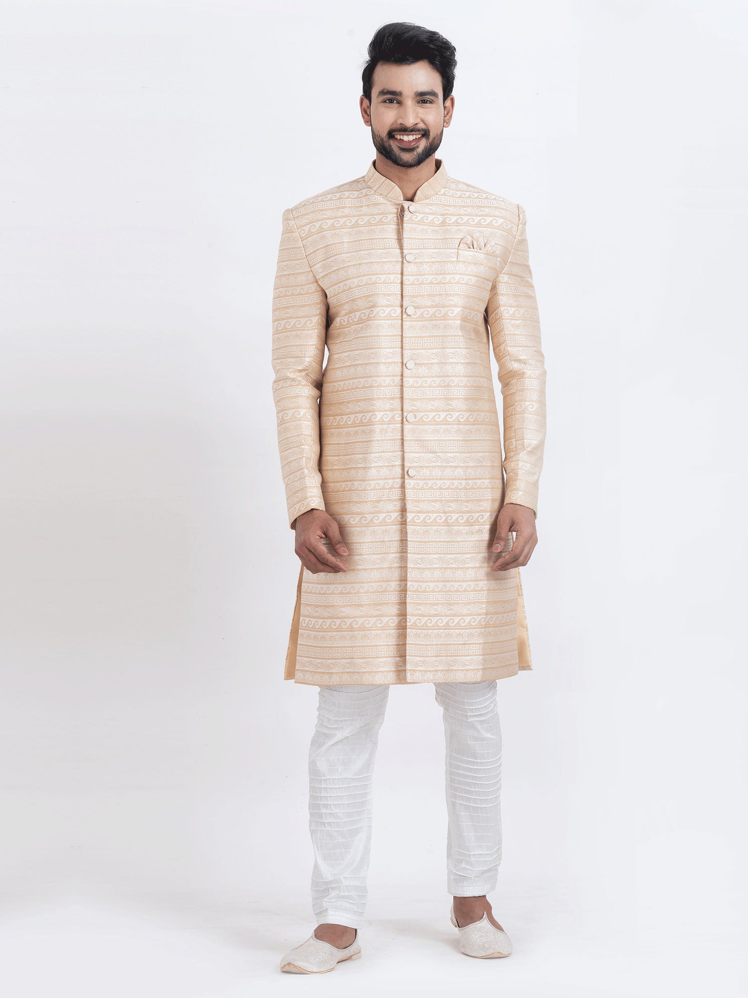 Cream Silk Indo Western Set In Print For Mens