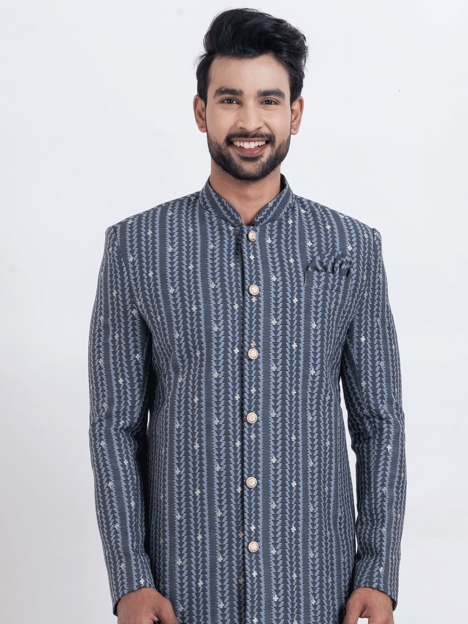 Blue Casual Wear Silk Indo Western In Print