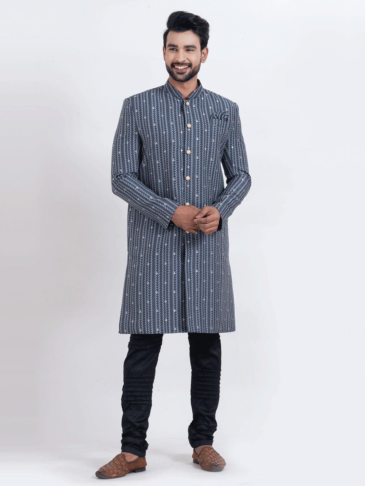 Blue Casual Wear Silk Indo Western In Print