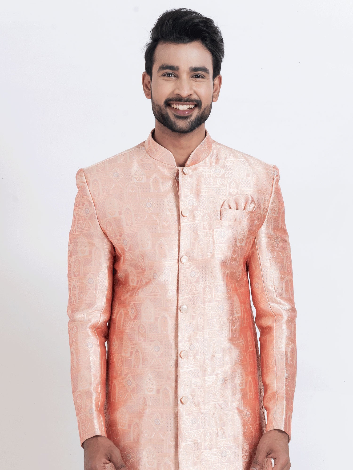 Peach Festive Indowestern For Men In Silk