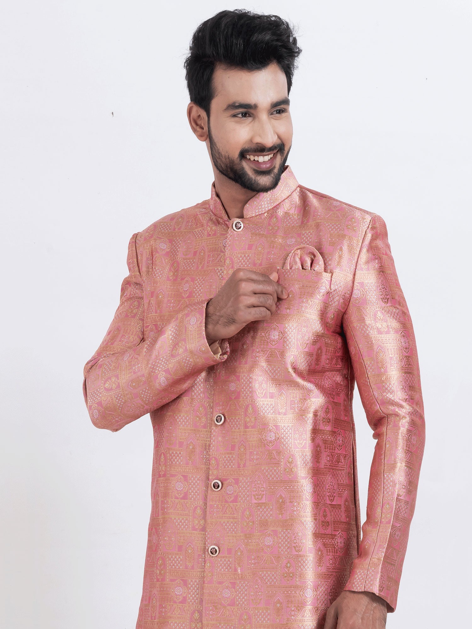 Rose Pink Indowestern Set In Silk For Mens
