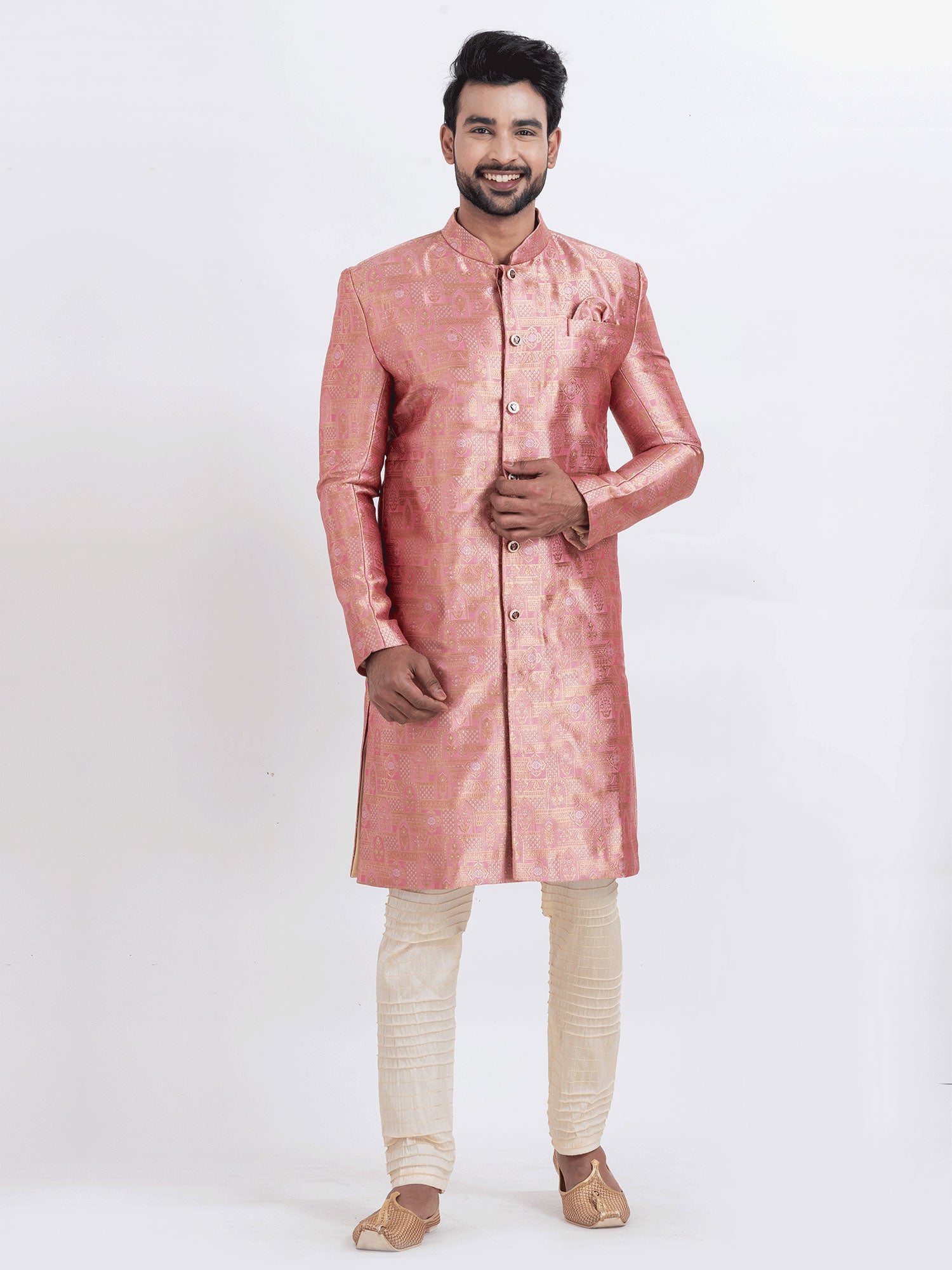 Rose Pink Indowestern Set In Silk For Mens