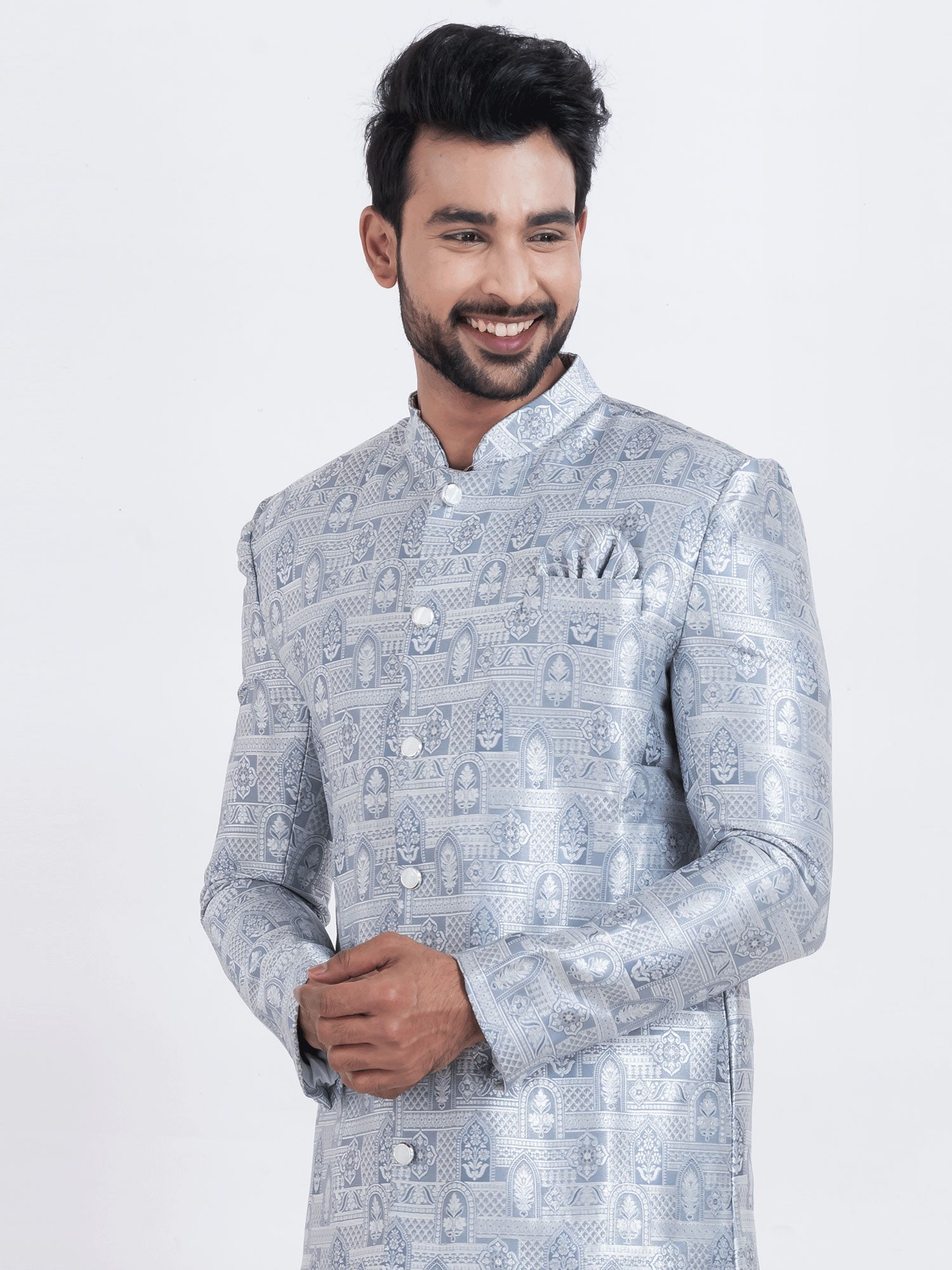 Light Steel Blue Silk Indowestern Set For Men