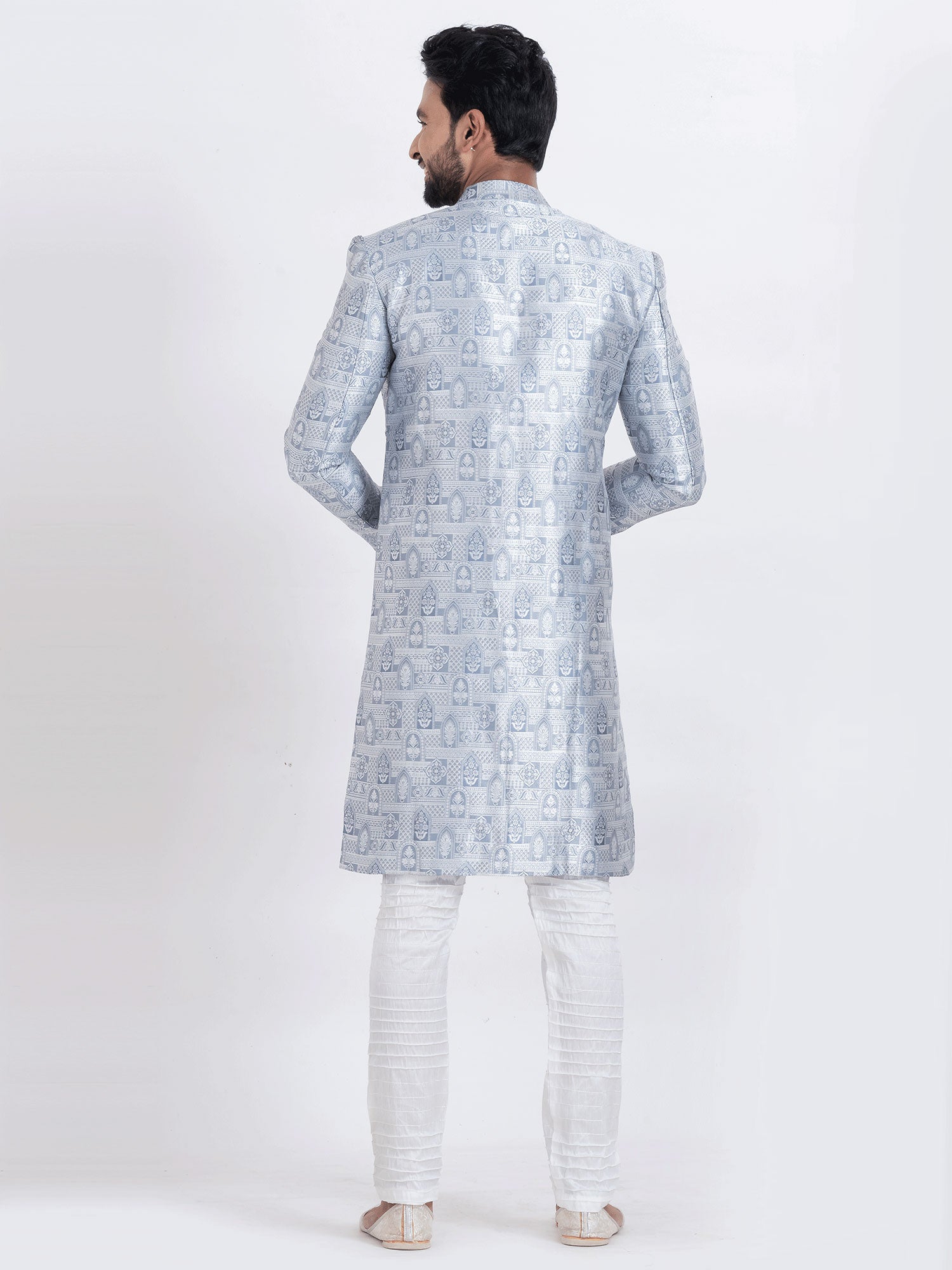 Light Steel Blue Silk Indowestern Set For Men