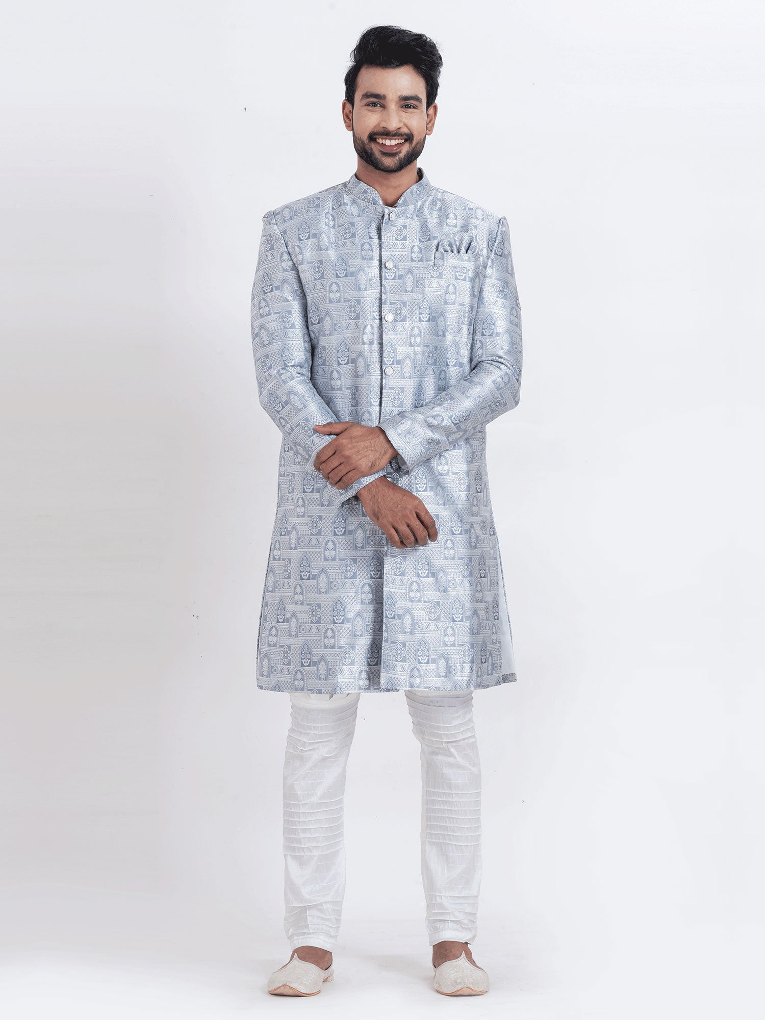 Light Steel Blue Silk Indowestern Set For Men