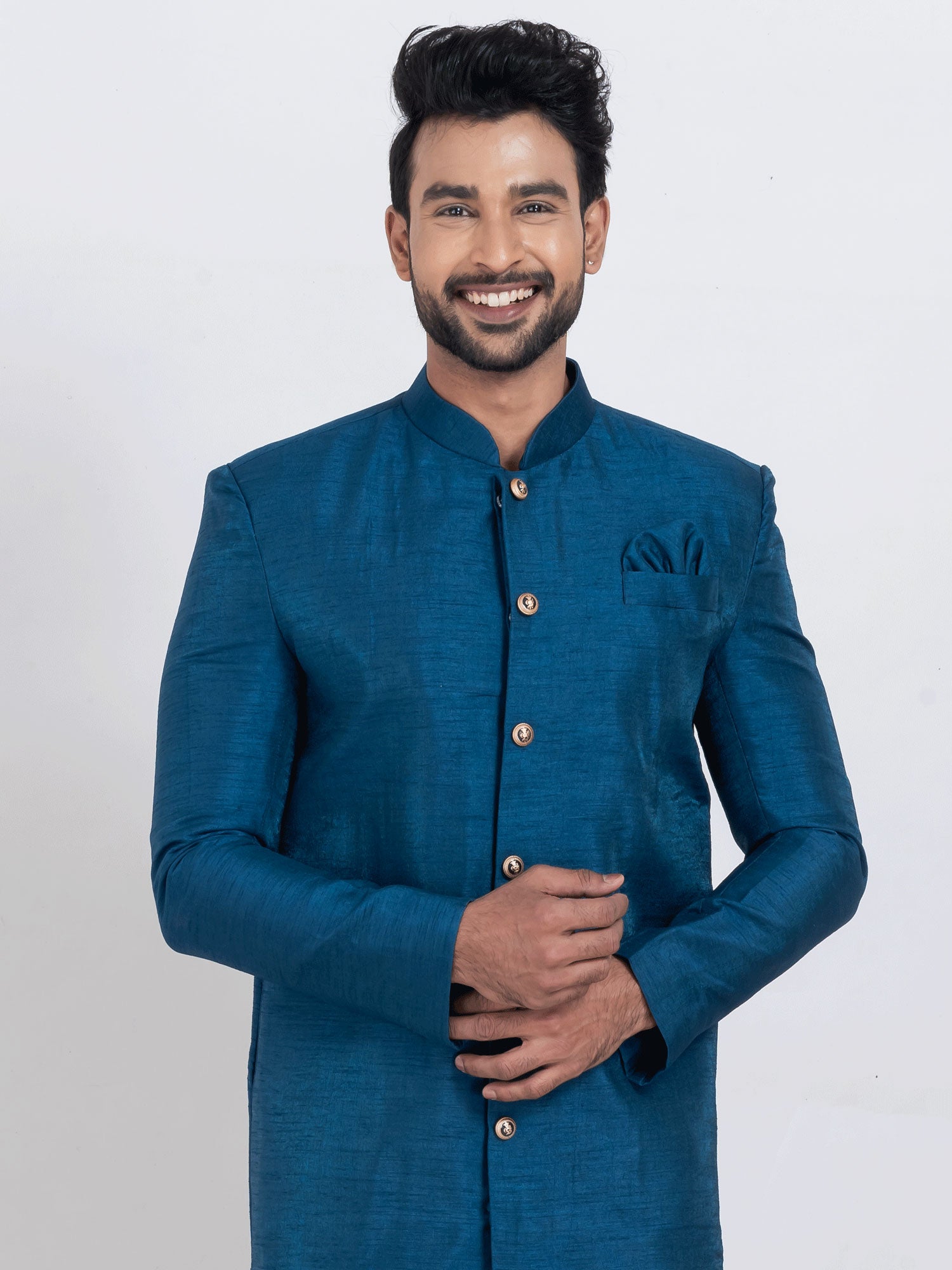 Blue Menswear Silk Indowestern With Welt Pocket