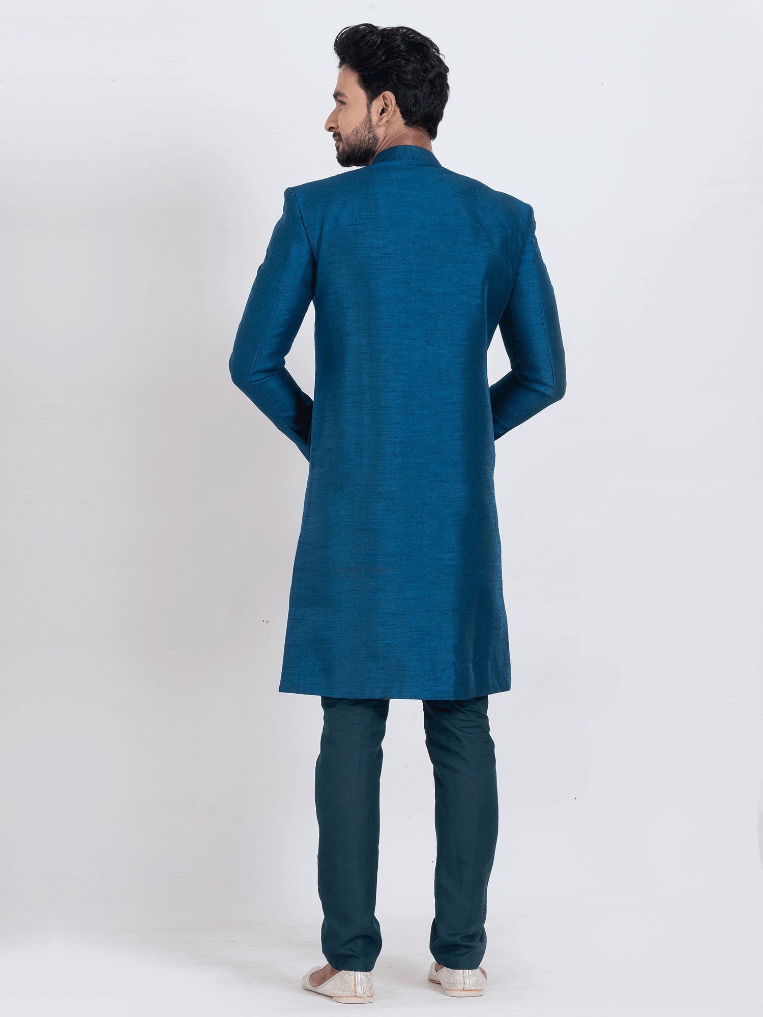 Blue Menswear Silk Indowestern With Welt Pocket