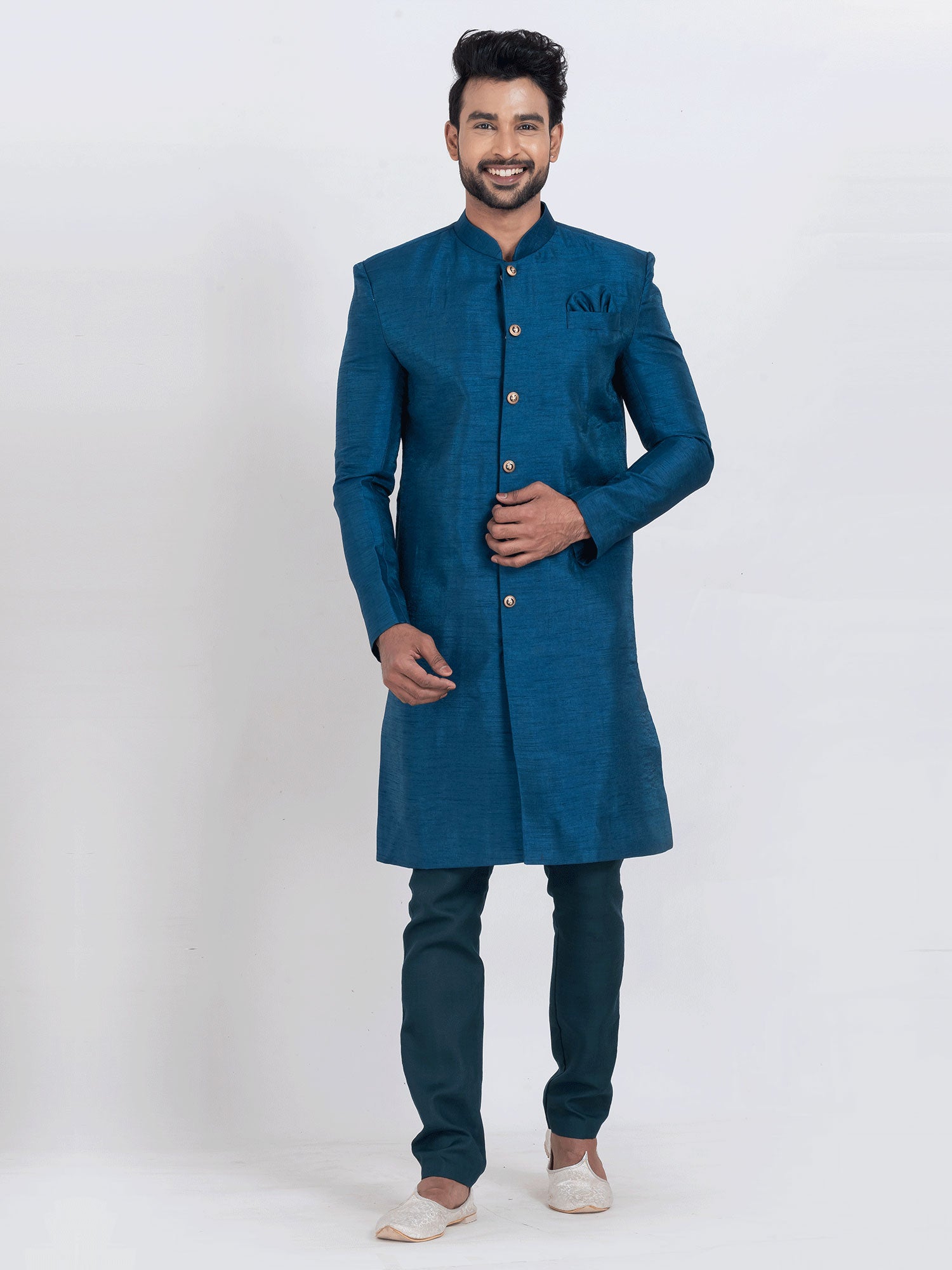 Blue Menswear Silk Indowestern With Welt Pocket