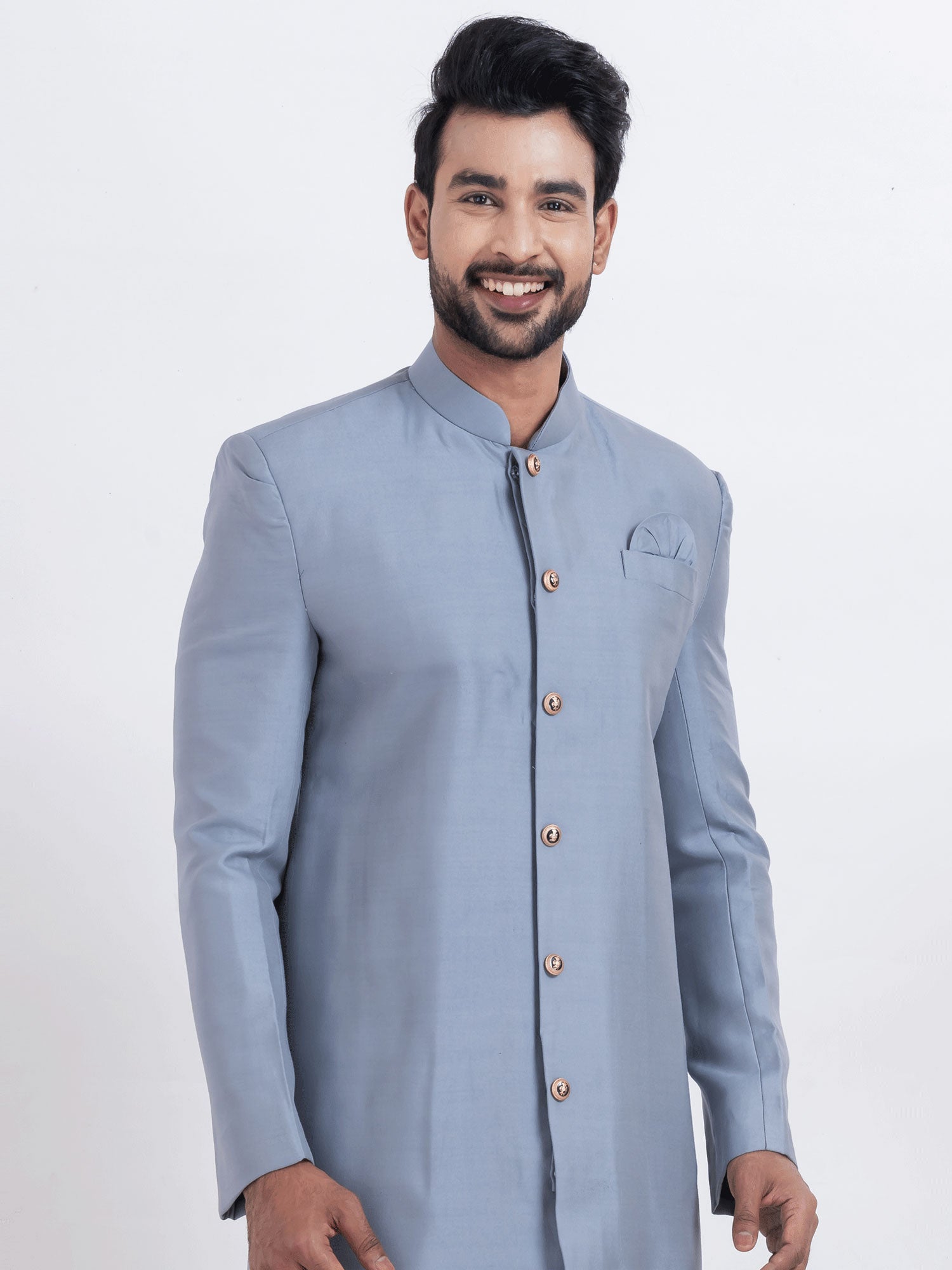 Blue Grey Wedding Indowestern In Dhupion Silk