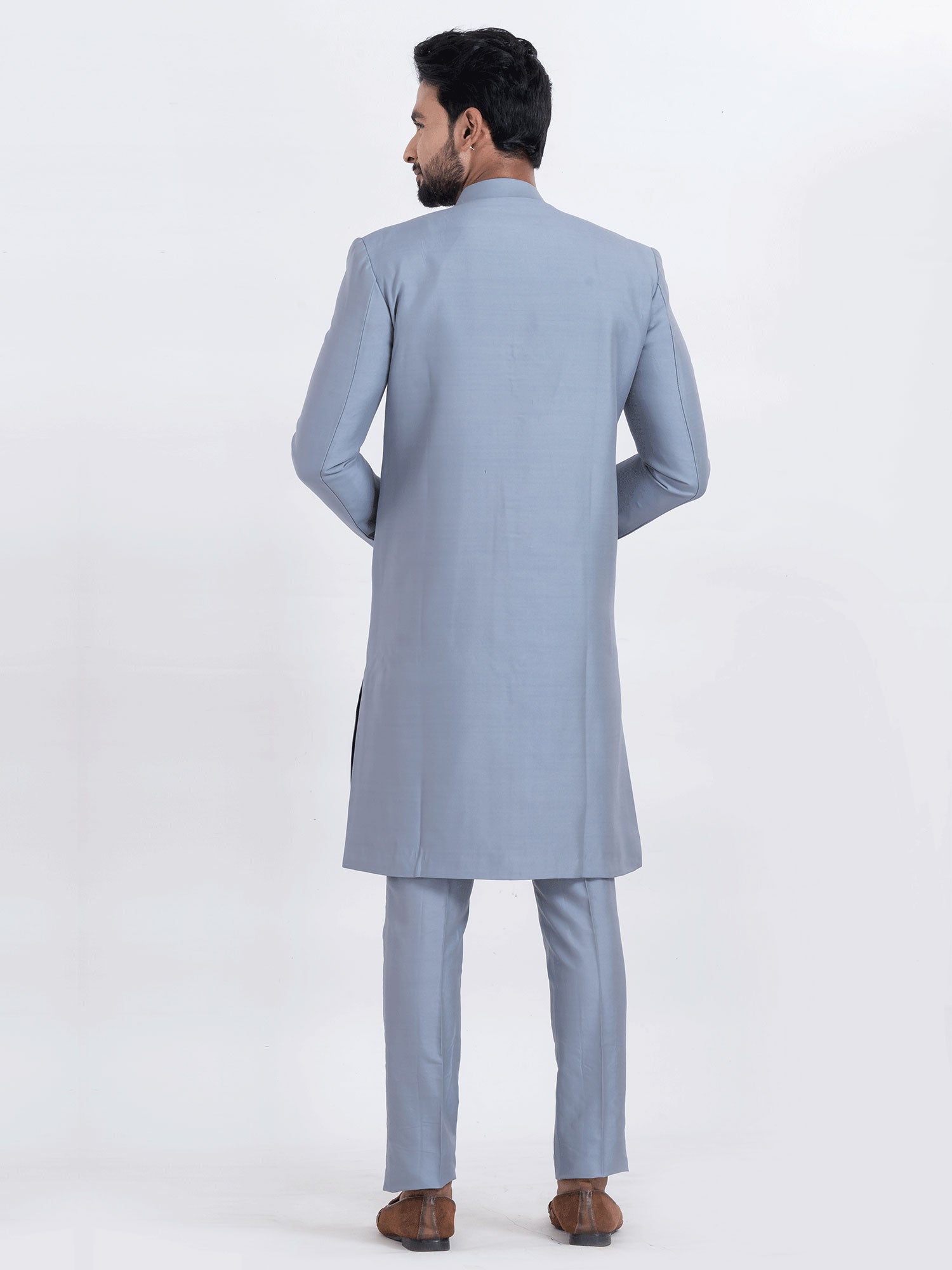 Blue Grey Wedding Indowestern In Dhupion Silk
