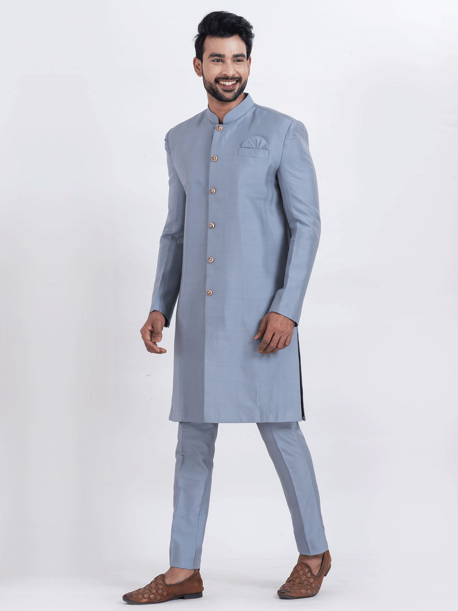 Blue Grey Wedding Indowestern In Dhupion Silk
