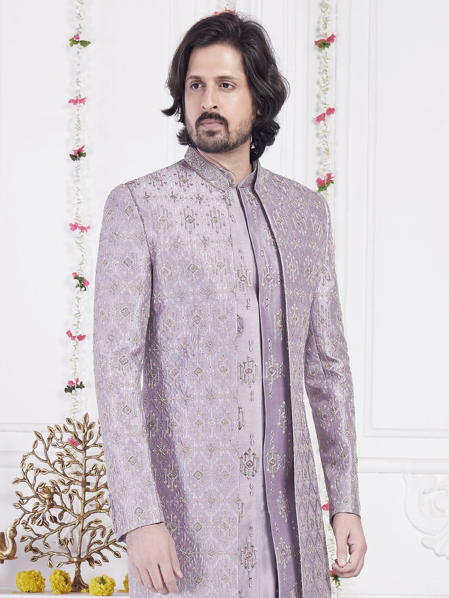 Heather Purple Art Silk Men's Indowestern With Jacket